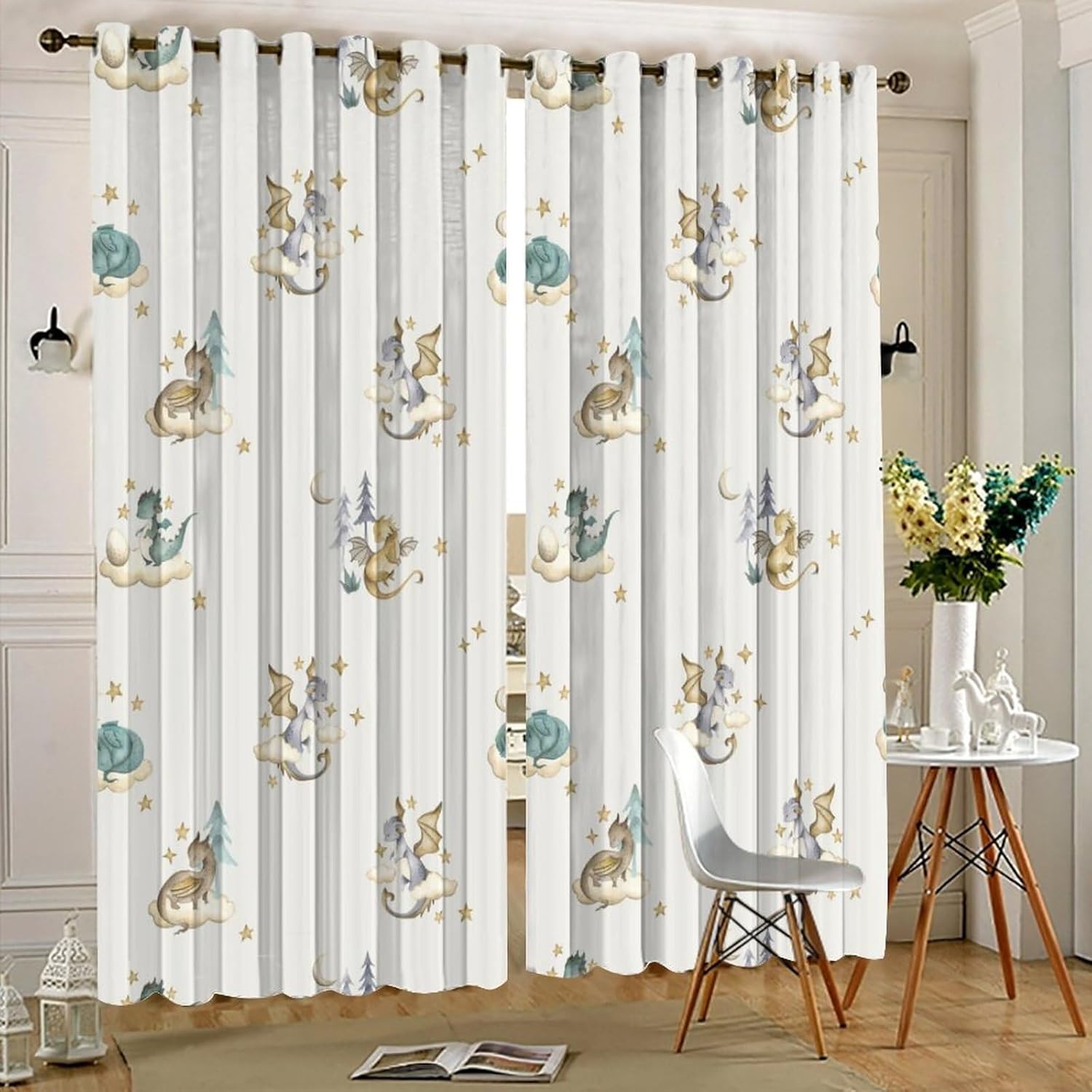 Watercolor Cute Baby Dragon Curtains - Fantasy Cartoon Mid Century Woodland Dragon Thermal Insulated Blackout Curtains - Grommet Top Window Treatment Drapes for Bedroom 63L x 27.5W,2 Panels