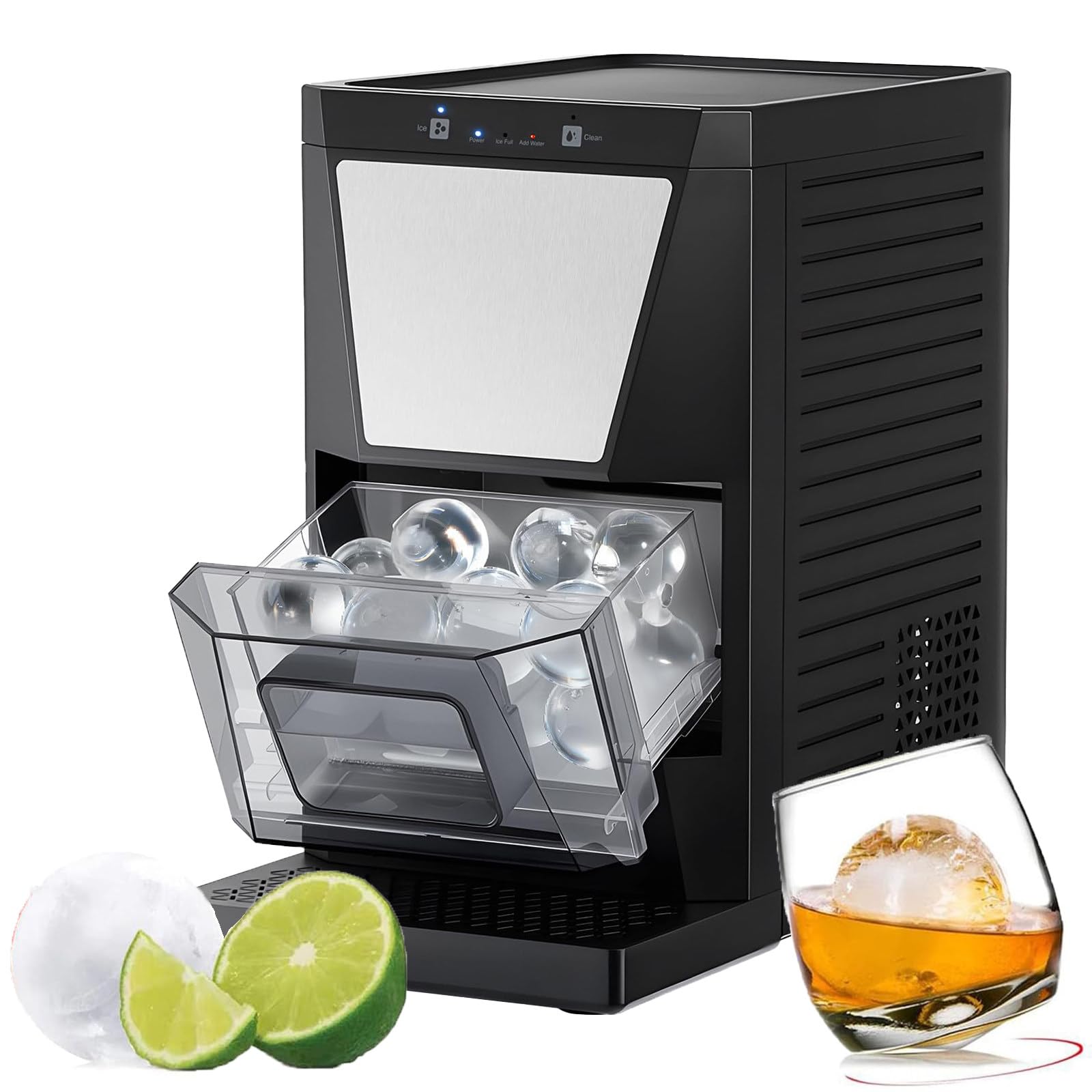 NYANS Máquina para Hacer Bolas De Hielo Transparentes De 2 Pulgadas: 2 Bolas De Hielo Listas En 40-60 Minutos, Autolimpiable con Pinzas para Cócteles, Whisky y Bourbon. 42 Piezas/Día