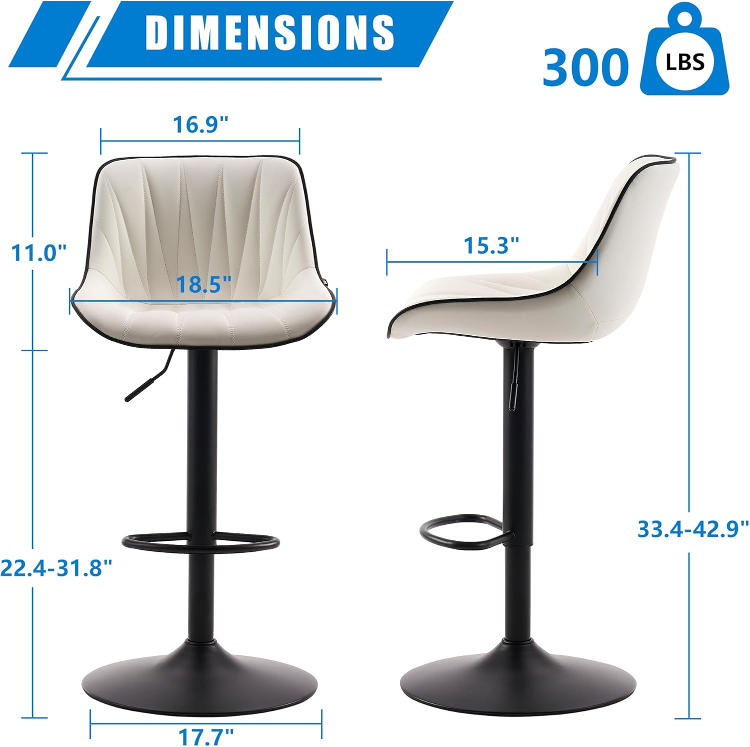 YOUNIKE Bar Stools Set of 2 for Kitchen Island, White Faux Leather Padded Bar Stools, Adjustable Barstools with Back, Modern Tall Bar Stools with 300LBS Support, Counter Height Swivel Bar Chairs Modern White