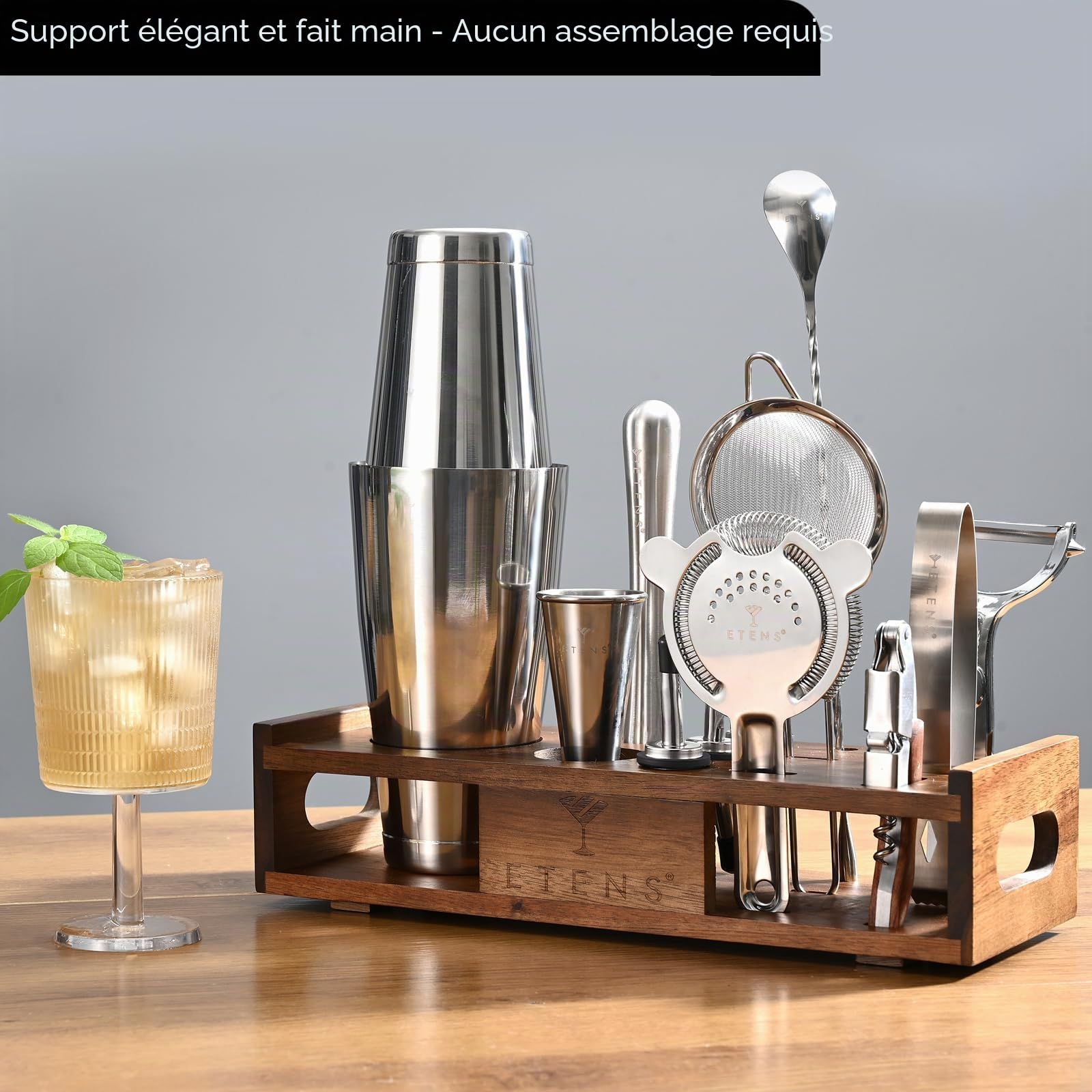 Etens Mixology Kit de Barman | Ensemble Shaker à Cocktail Boston avec Support, Ensemble d'outils de Bar avec Organisateur pour la Fabrication de Boissons à la Maison