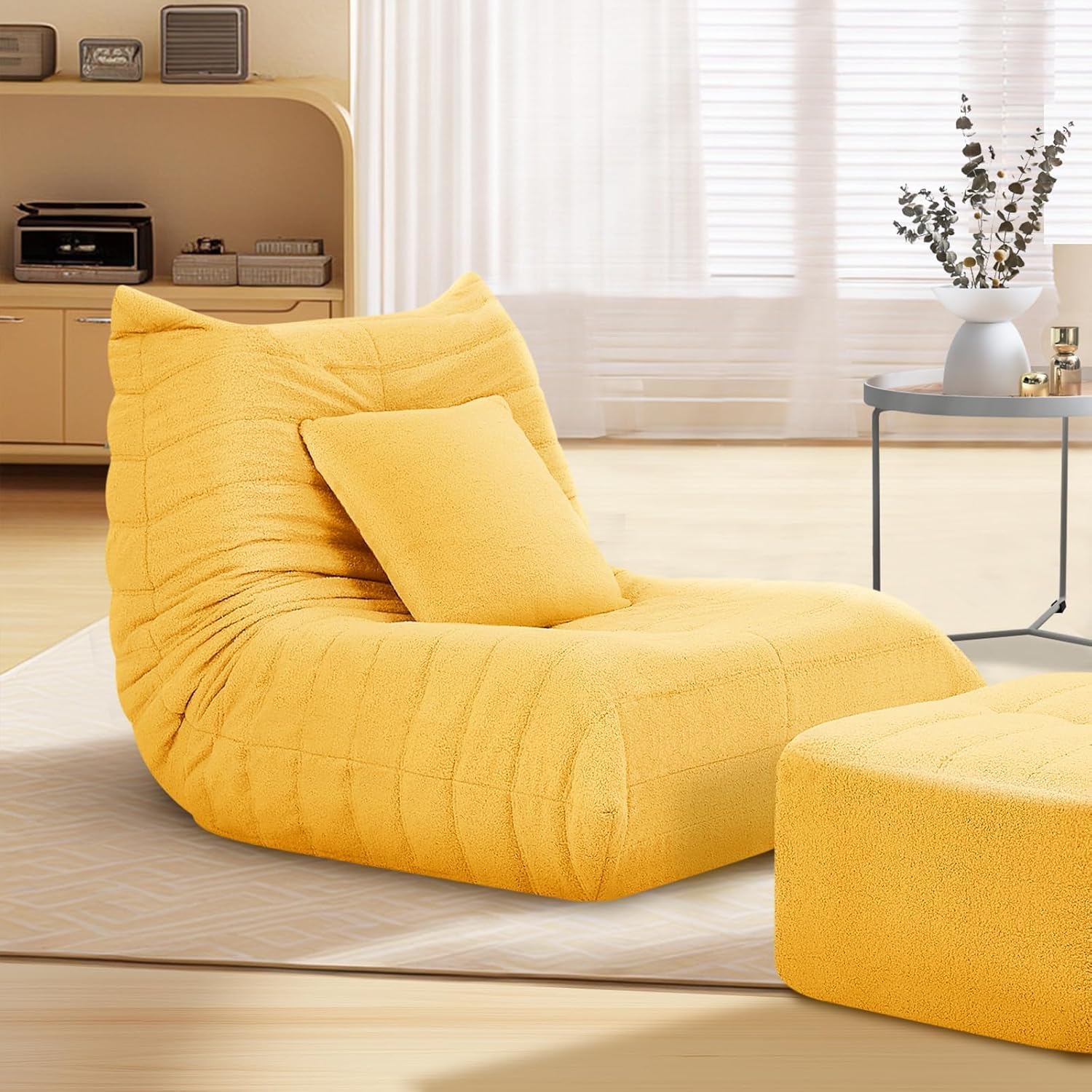 Bean Bag Chair with Ottoman, Comfy BeanBag Chairs for Adults,Giant Bean Bag Lounger with Memory Foam Filled,Teddy Lazy Sofa Reading Chair for Bedroom, Living Room,Dorm,Yellow