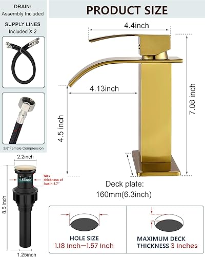 Miniatura 7 de Midanya Grifo de lavabo de montaje en cubierta de un solo agujero, grifo de lavabo de baño en cascada, grifo de baño de cascada de oro pulido, grifo