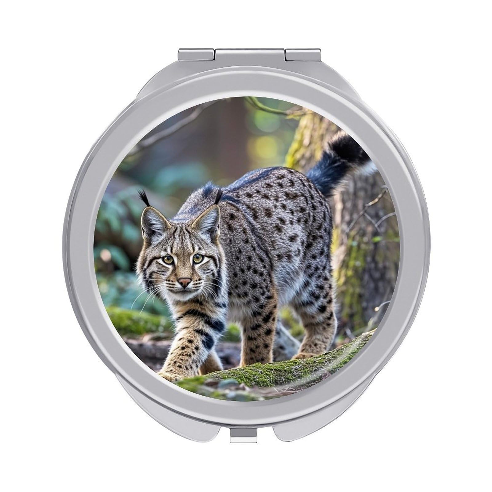 FekiLoot Wild Bobcat Travel Makeup Mirror for Women Folding Portable Hand Compact Mirrors Small Round Vanity Mirror 1X/2X Magnifying Metal Pocket Makeup Mirrors