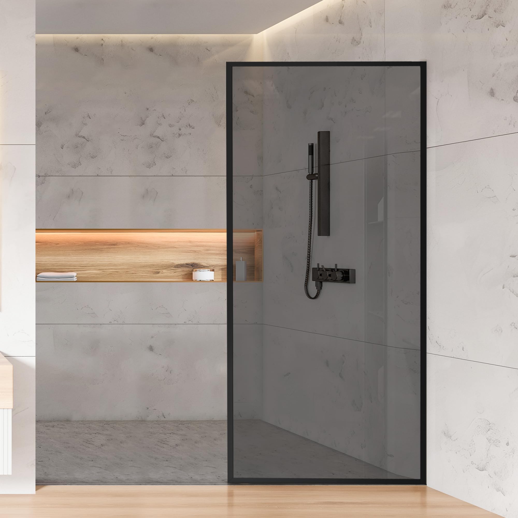 Fixed Full-Framed Bathroom Shower Glass Door, 34"*74" Single Shower Glass Screen Panel, 5/16"(8mm) Gray Tempered Glass Shower Door for Walk-in Shower, Matte Black