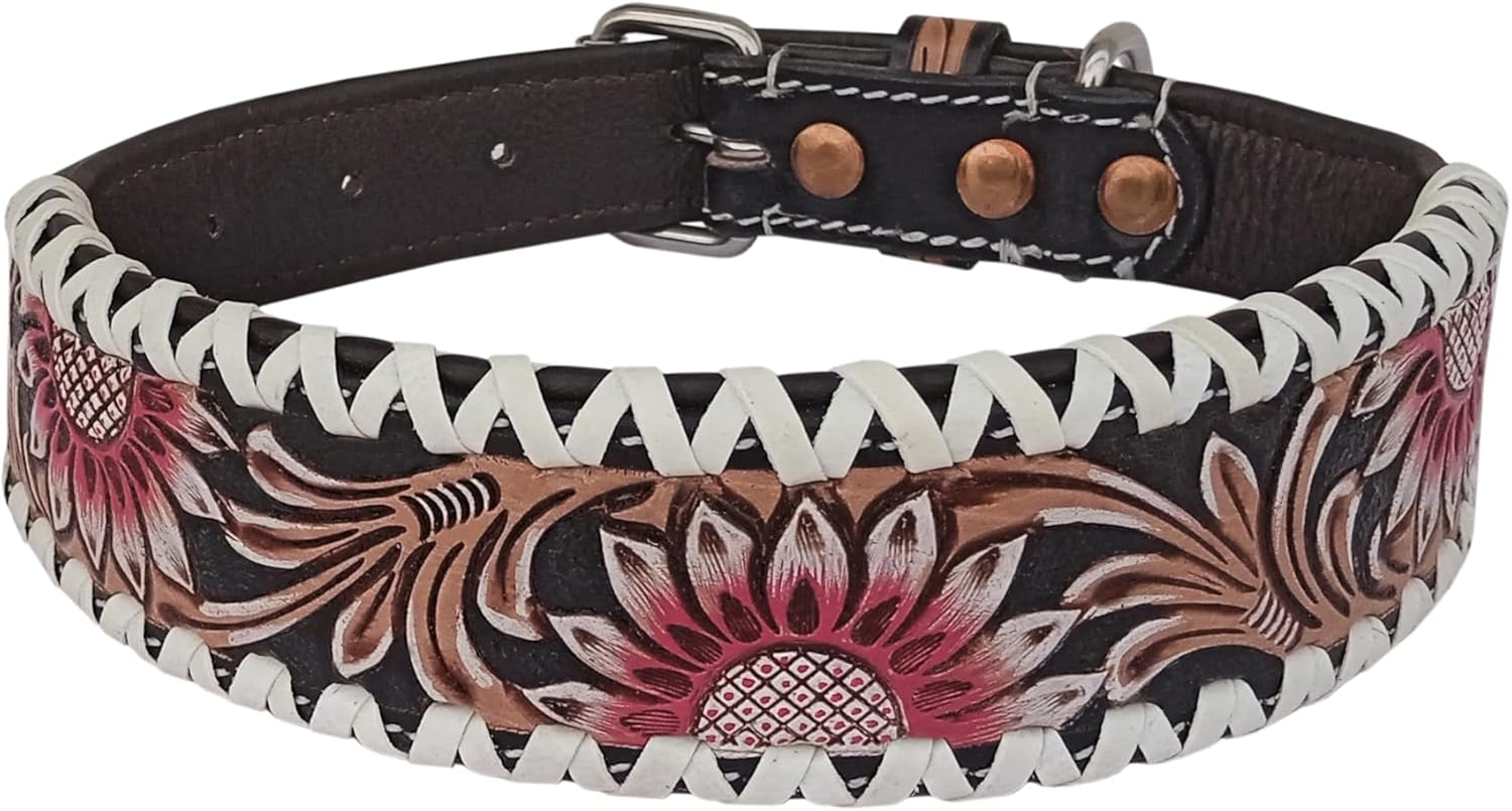 Affilare Leather Dog Collar Western Style Heavy Duty Tooled Sunflower Floral Padded for Comfort 10IS111-L