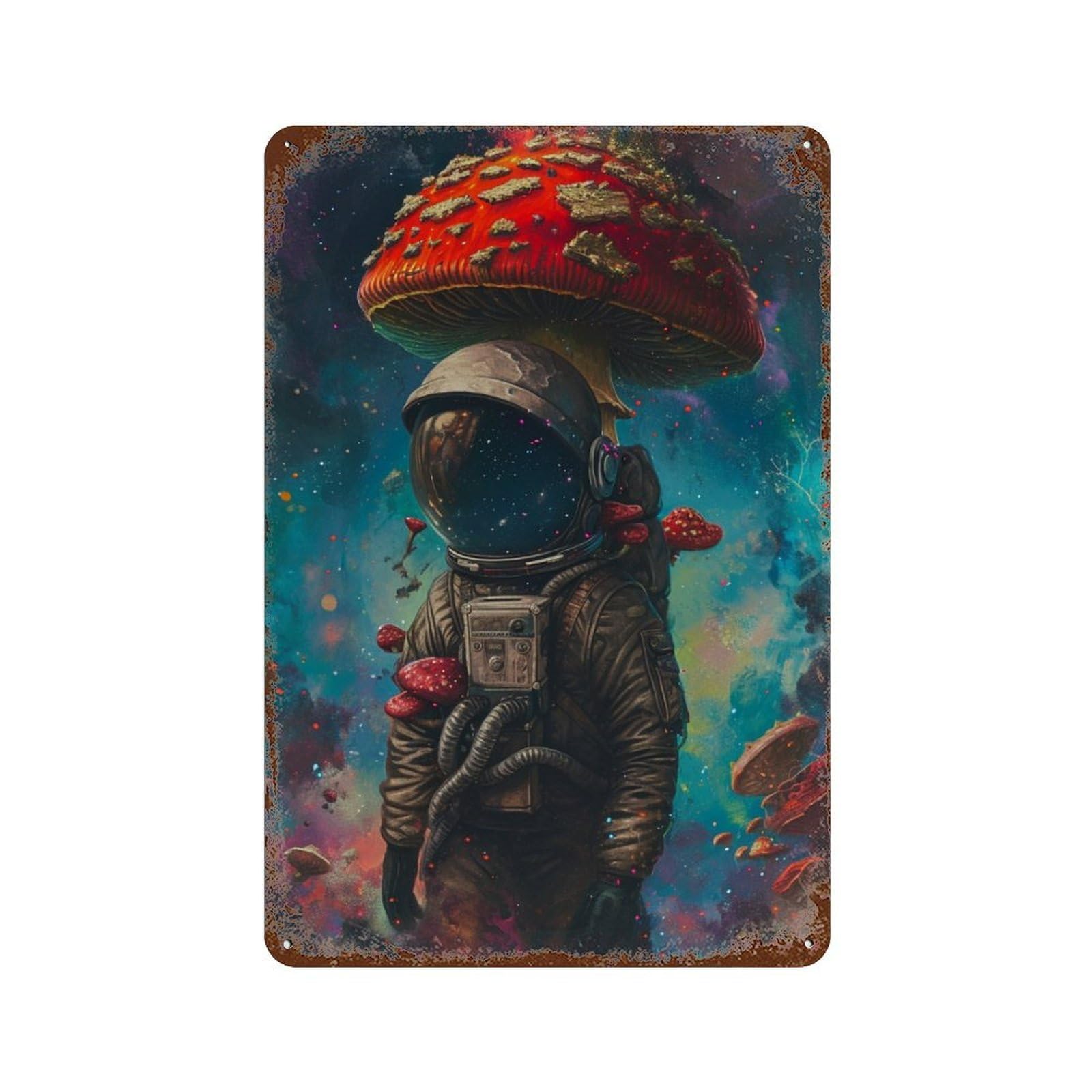 Mushroom Astronaut in Space-1 Weathered Tin Sign 11.8"x7.9", Rustic Home Decor for Garage, Bar And Workshop Decor