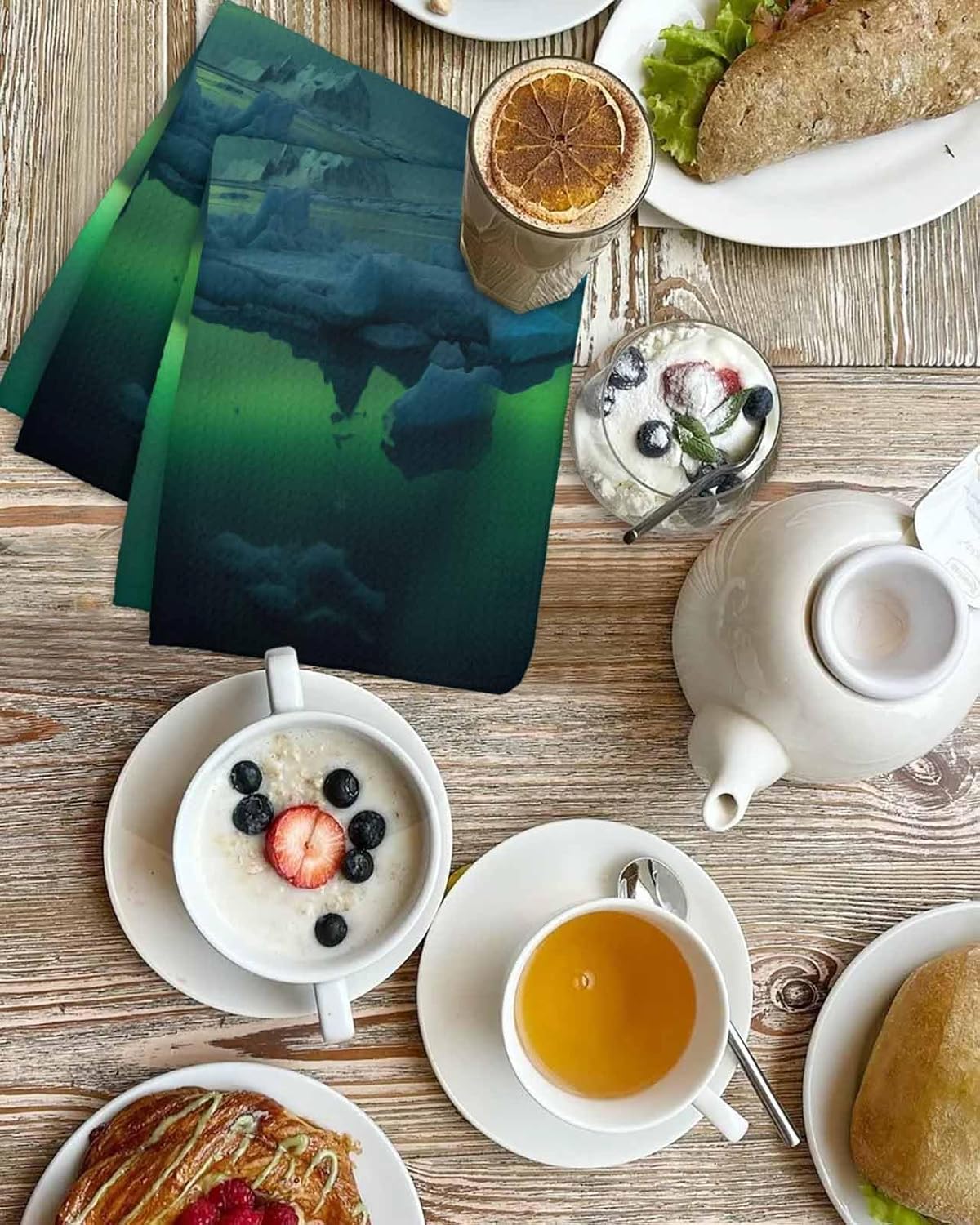 Winter Iceland Dish Towels Waffle Kitchen Towels Set, Absorbent Quick Drying Towel Cleaning Snow Mountain Green Aurora Hand Towels for Bathroom 2 Pack Dish Cloths 15.7""x23.6""