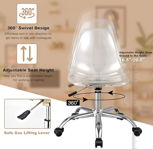 Miniatura 5 de COSTWAY Silla de escritorio de acrílico transparente, silla giratoria sin brazos de plástico con base de metal resistente y ruedas lisas, silla de
