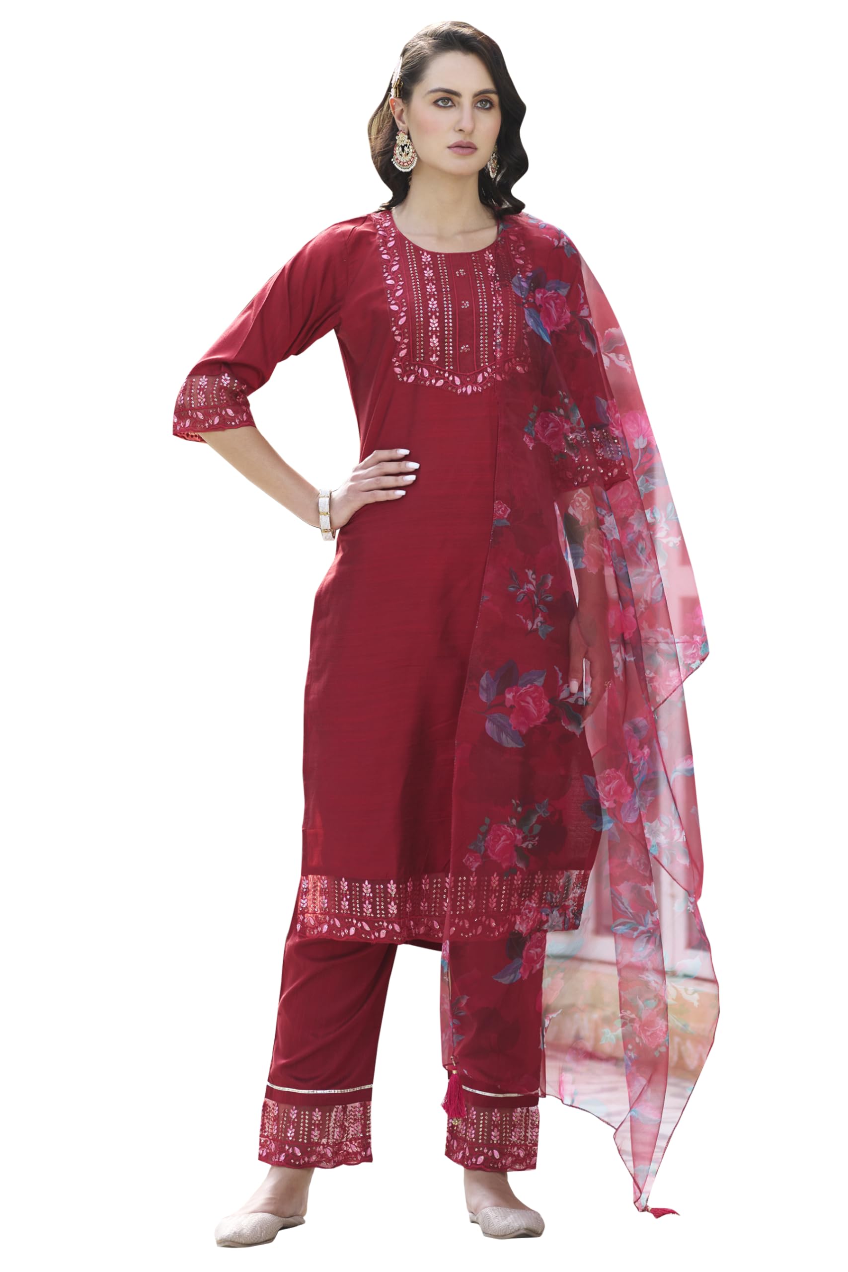 VredeVogel Women's Cotton Silk Embroidered Kurta with Pant & Organza Dupatta Set