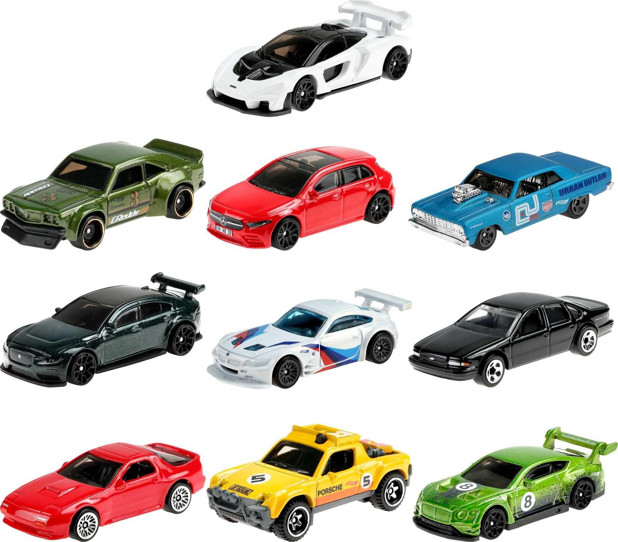 Hot Wheels Nightburnerz 10 Pack Mini Collection, 10 1:64 Scale Vehicles Themed to Super Speeders for Night Driving Each with Authentic Sculpt, for Collectors & Kids Aged 3 Years Old & Up