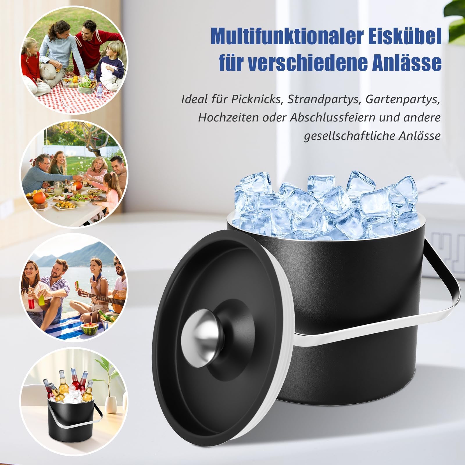 3L Eiswürfelbehälter, Moderner isolierter Eiskübel, Eiswürfelbehälter mit Silikondeckel, Zange+Sieb, doppelwandiger Edelstahl-Eiskübel Eisbehälter für Partys, Bier, Champagner, Wein(Schwarz)