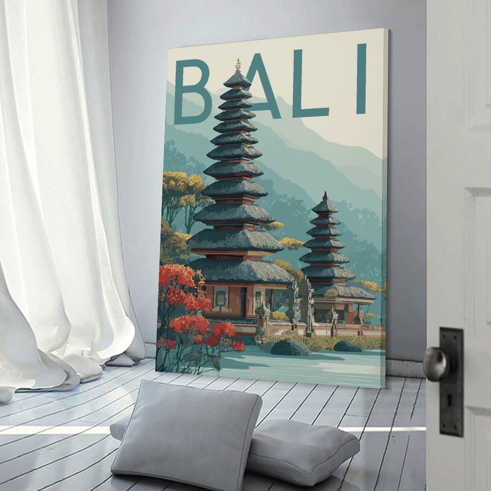 Junmoney Bali Temple Illustration Decorative Canvas Print, 08x12inch(20x30cm), for Hallway, Bedroom Or Modern Interiors, Gift Idea for Housewarming And Birthdays