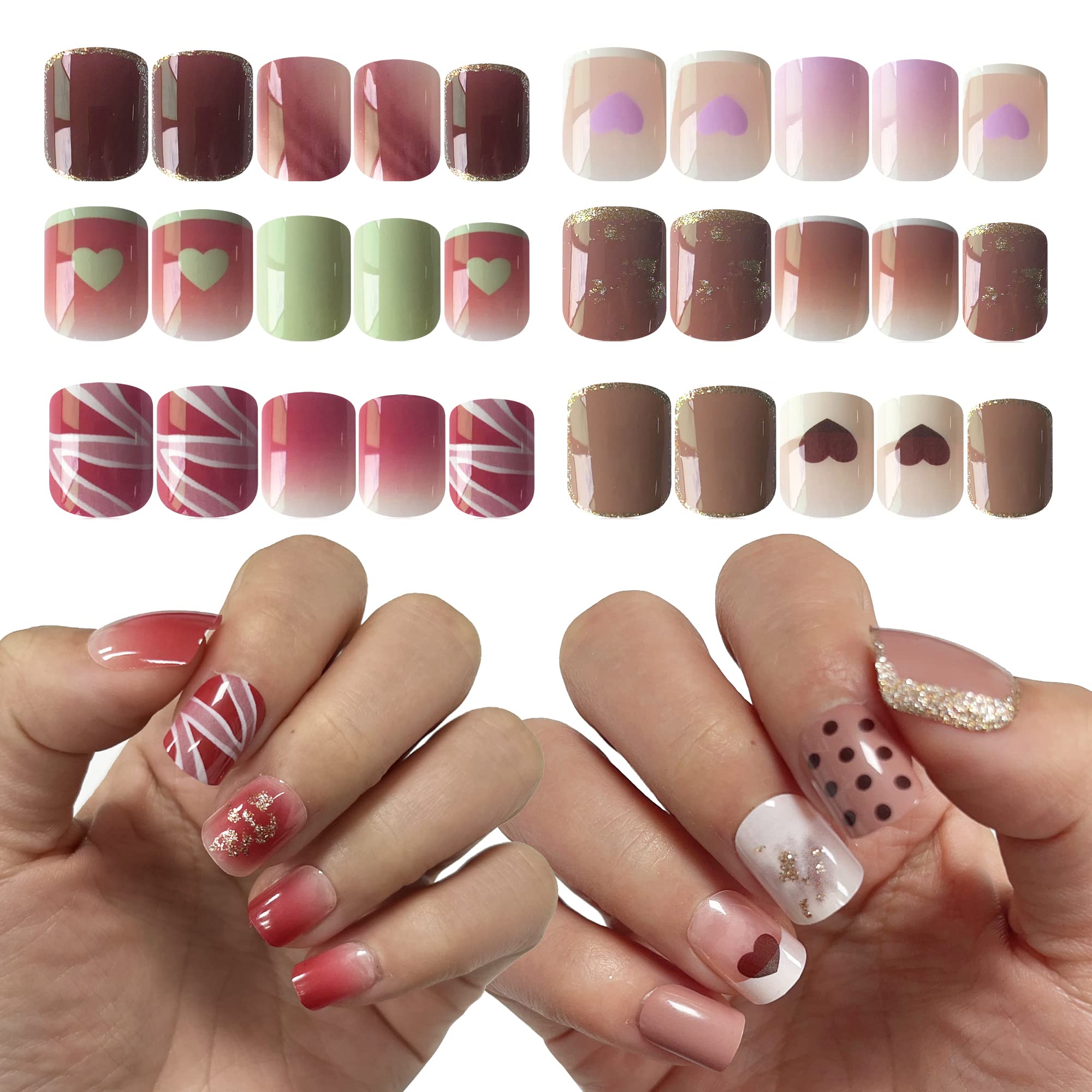 Photo 1 of AddFavor 6 Boxes Short Press on Nails Set, Valentine Design Heart French Short Fake Nails Full Cover Glossy Acrylic False Nail with Adhesive Tabs for Women and Girls Valentine's Short Nails
