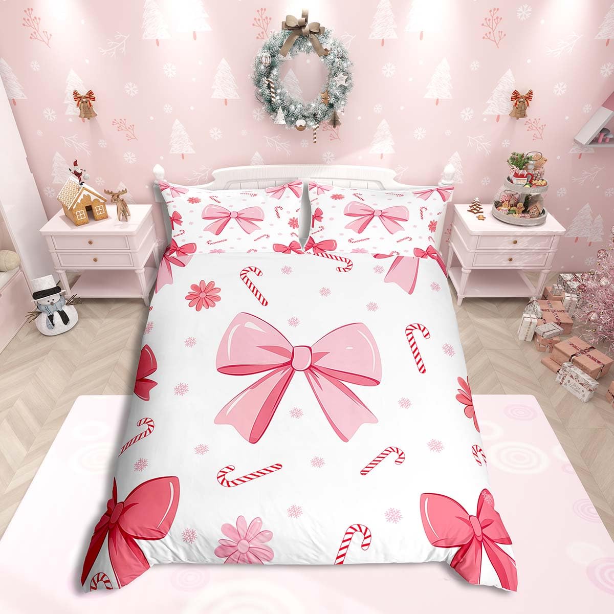 Homemissing Christmas Theme Duvet Cover Set Single Size For Kids Boys Girls Teens Xmas Pink Bow Bedding Set Bowknot Candy Cane Duvet Cover with 1 Pillowcase Snowflake Bedding — image 1