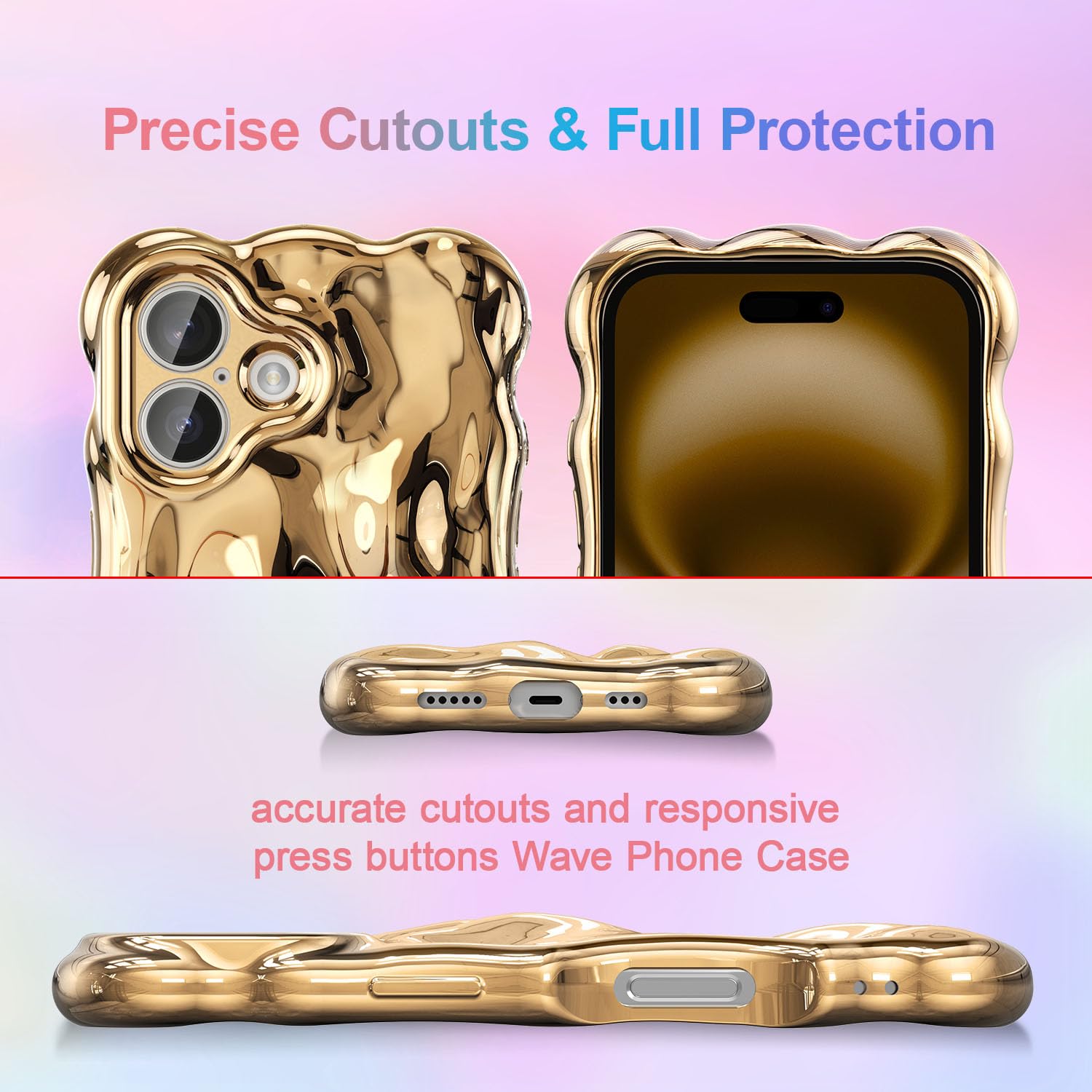 UEEBAI Case For IPhone 16 Plus, Cute Solid Color Curly Wave Shape Shockproof Soft TPU Bumper Phone Case, Candy Water Ripple 3D Silicone Slim Pretty Case Non-yellowing Cover-Rose Gold