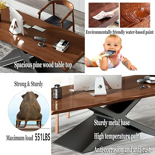 Miniatura 7 de Escritorio moderno de madera maciza para computadora de oficina, 2.0in de grosor, mesa de estudio, mesa de estudio, soporte de metal robusto en