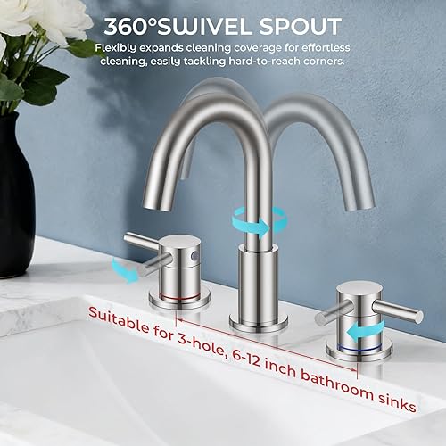 Miniatura 3 de FGKQ Grifo de baño de níquel cepillado de 3 agujeros, grifos de baño de 8 pulgadas para fregadero, 3 agujeros, níquel cepillado con líneas de