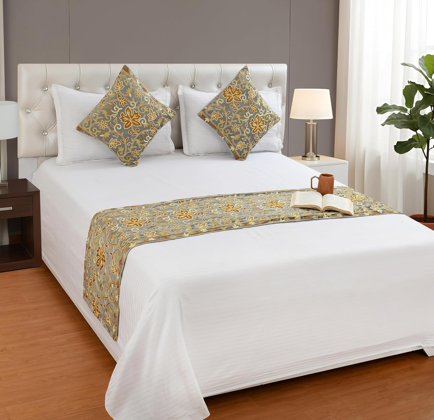 Hand Embroidered Bed Runner with Cushion Cover (Grey)-image-19