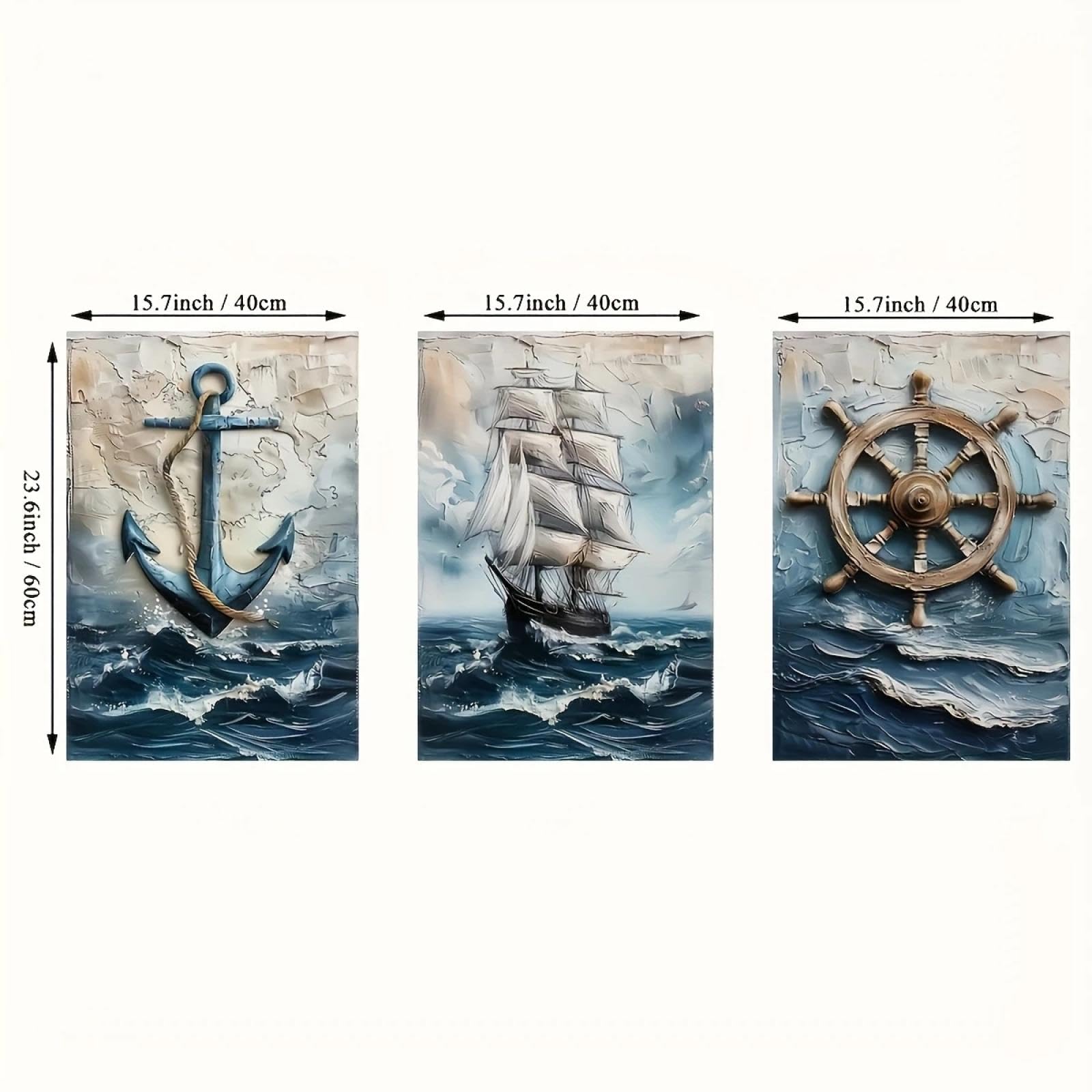 CHAOJIART Nautische Kunstdrucke auf Leinwand, moderne Wandgemälde mit Anker, Schiff, Steuerrad für Wohnzimmer, Retro-Poster mit maritimer Landschaft, 40 x 60 cm x 3 Innenrahmen