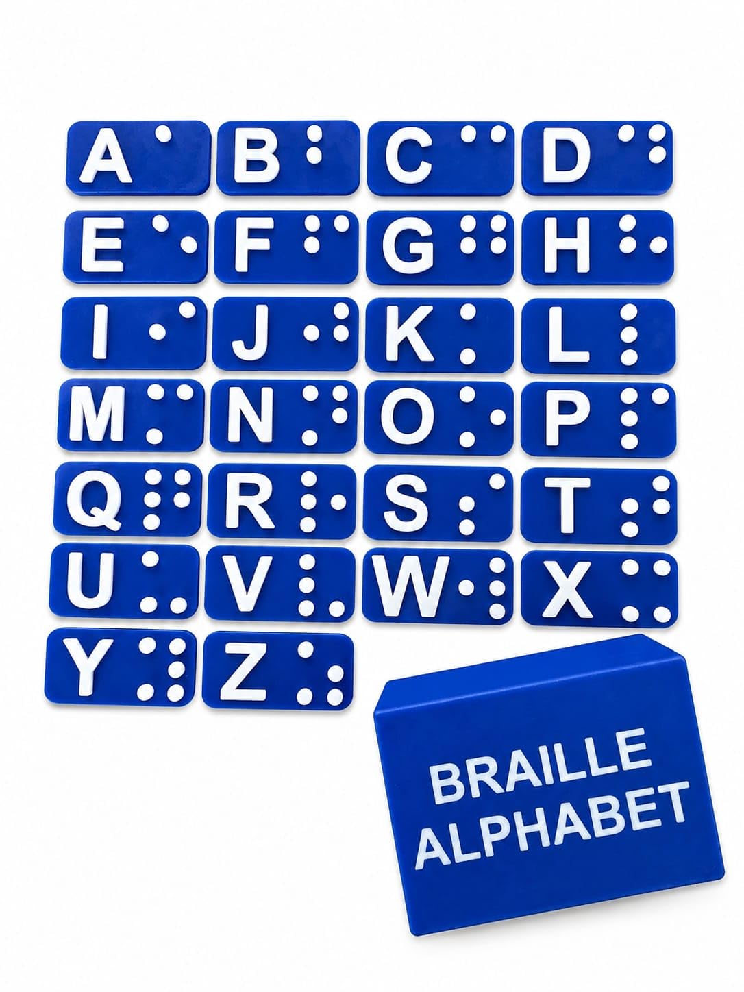 Braille Alphabet Learning Toy Set for Blind & Visually Impaired Kids, Tactile Braille Letter Cards with Storage Box, Montessori Sensory Educational Toy, Orange (Royal Blue)