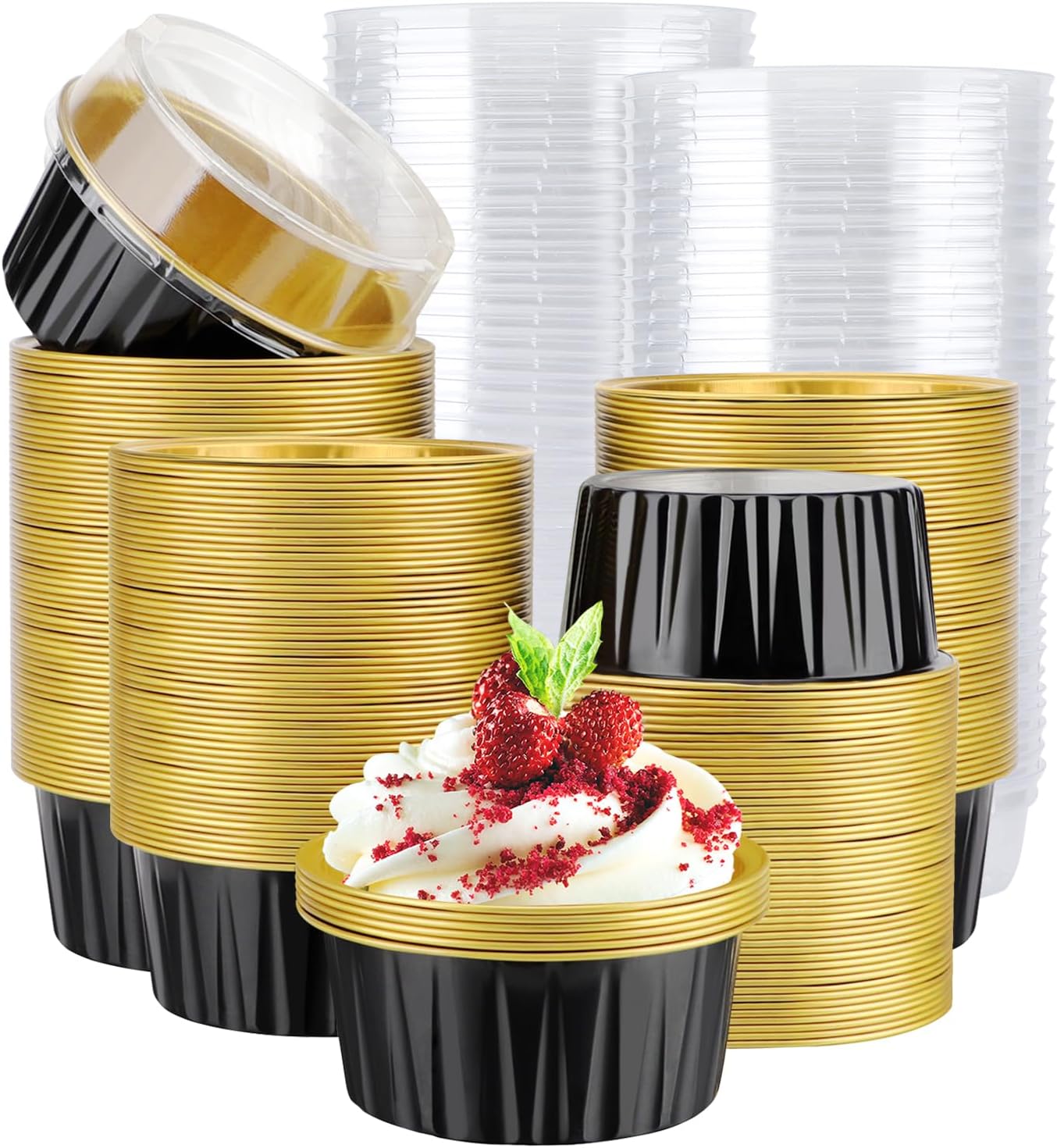 EUSOAR Cupcake Liners, 200pcs 5oz Muffin Cups with Lids for Baking, Mini Disposable Aluminum Foil Ramekins Mold, Cute Cake Creme Brulee Dessert Containers Souffle Pan for Party Individual Serving