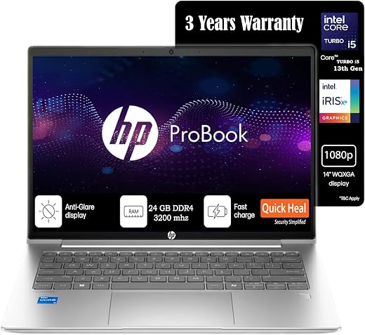 HP Pro Book14[New Launch], 13th Gen Intel Core i5-1335U Turbo Boost, 24GB DDR4, 512GB SSD, Win11 Pro, MSO21, 3 Year Warran...