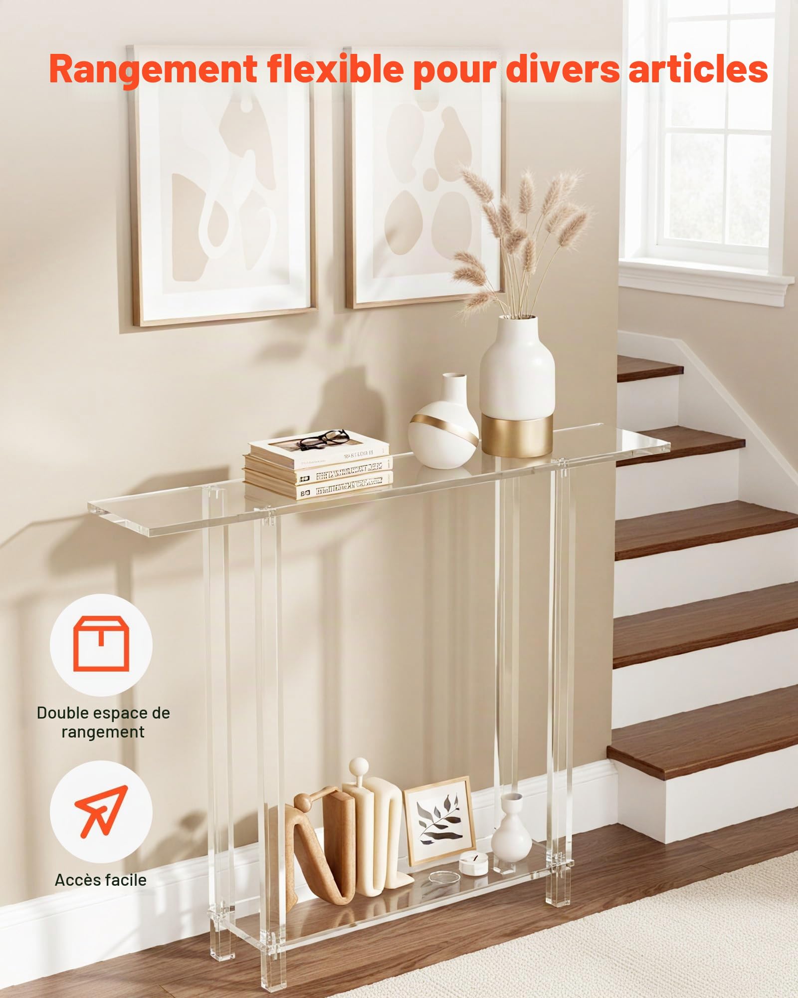 VEVOR Table Console en Acrylique, 19,3 x 100 x 80 cm, Table d'appoint étroit à 2 Niveaux avec Rangement Ouvert en Bas, Bureau d'entrée rectangulaire Moderne, pour Chambre, Couloir, Salon, Transparent