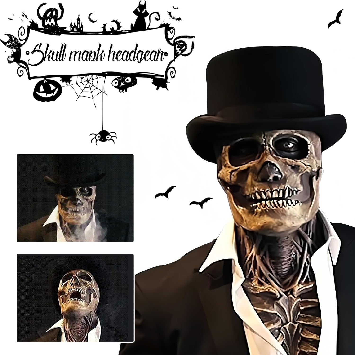 Halloween Mask with Hat Movable Jaw Latex Full Head Scary Costume