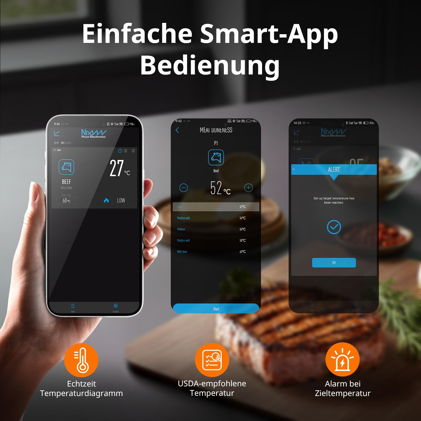 AIRMSEN Kabelloses Fleischthermometer Grillthermometer Bluetooth mit Hitzebeständigem Keramikgriff & LCD-Display 150m Fernüberwachung, Bluetooth 5.4 Smart-App-Steuerung für Räuchern BBQ - 1000mAh Akku
