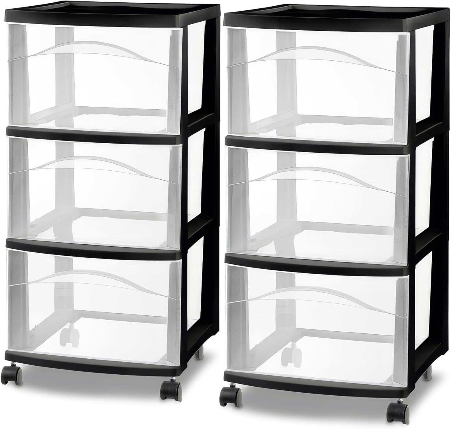 Sterilite 2 Pack 3 Drawer Storage Cart, Plastic Medium Organizer with Wheels, Black - Multipurpose Bin for Crafts, Accessories, or Office Supplies
