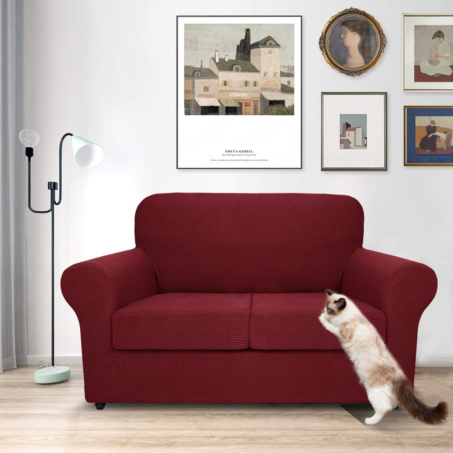 MAXIJIN 3 Piece Couch Covers for 2 Cushion Couch Super Stretch Loveseat Slipcover Dogs Pet Proof Fitted Furniture Protector Spandex Non Slip Sofa Love Seat Cover Washable (Loveseat, Wine Red)