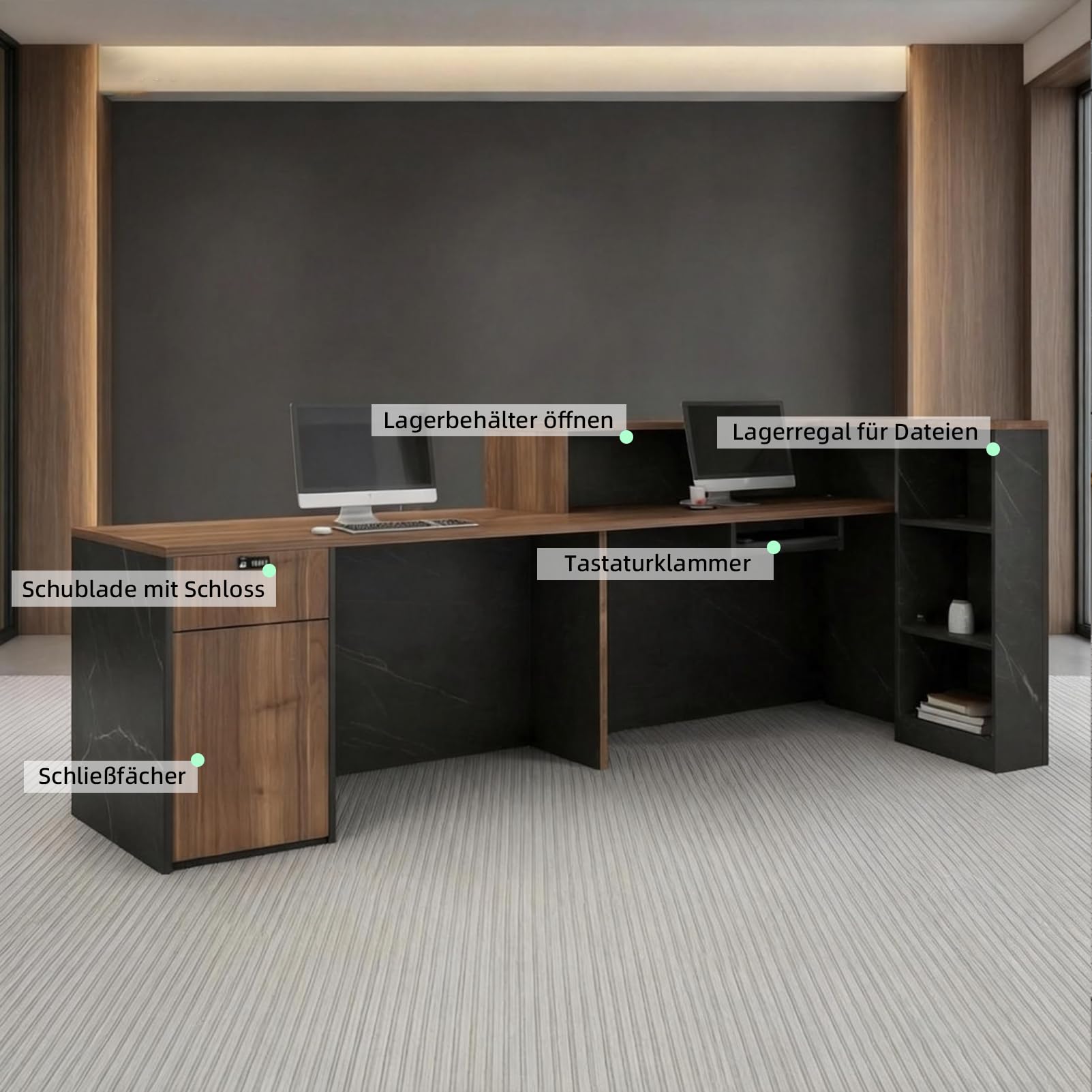 Moderne Empfangstheke L-Form Holz 220CM Empfangstresen mit Stauraum für Büros Rezeption Hotels (rechts hoch-C)