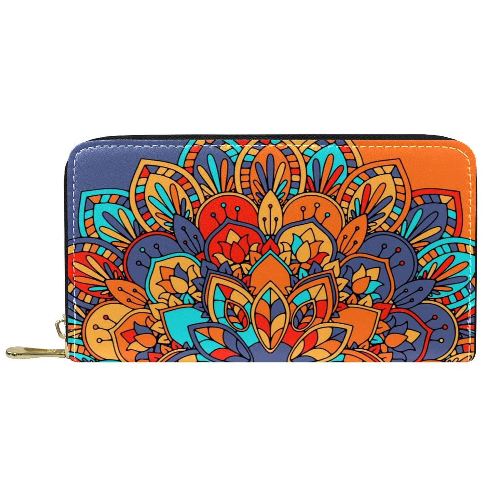 Cartera de cuero con cremallera larga de mandala abstracto, Varios colores, 20.5x2.5x11.5cm/8.07x1x4.53 in, Classic