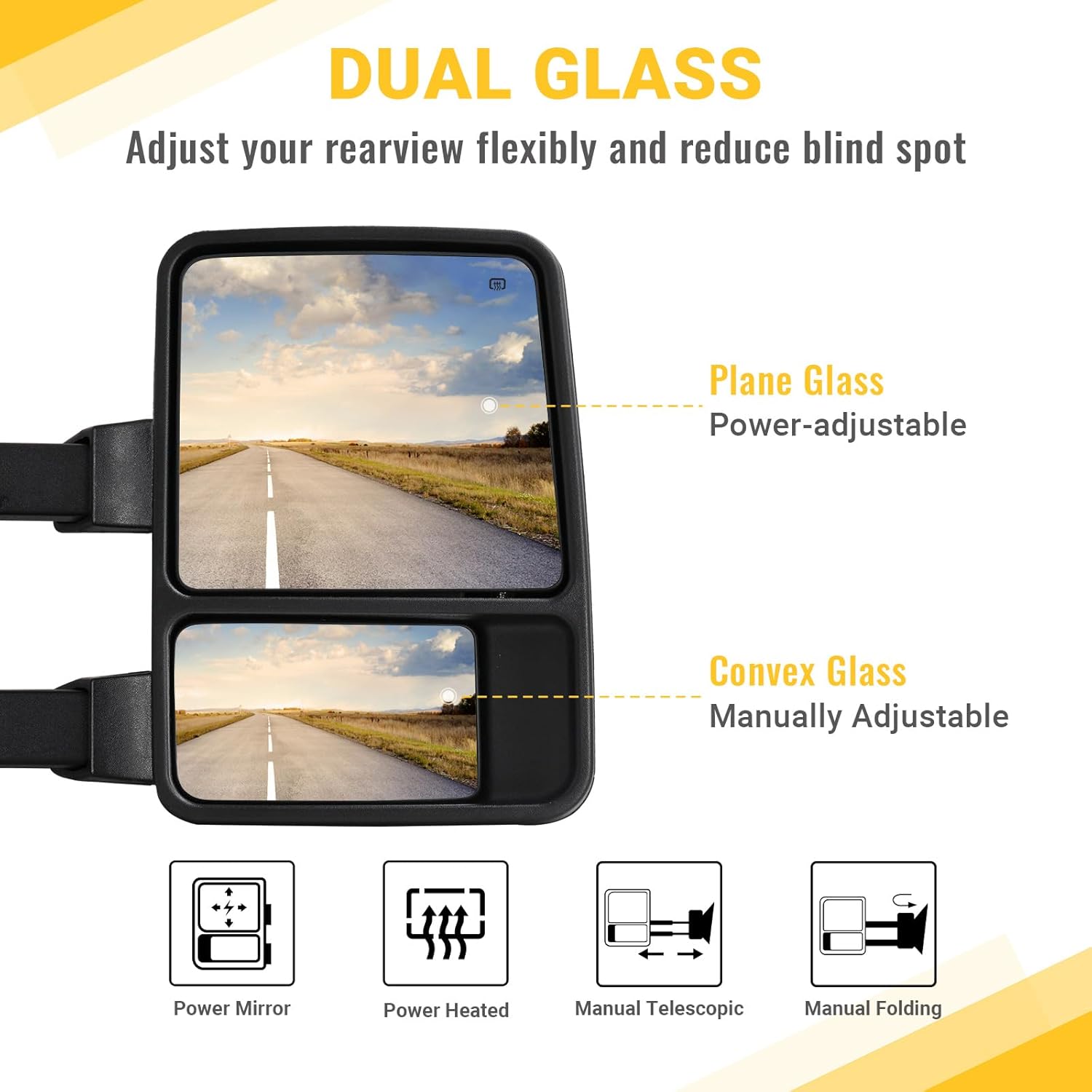 Towing Mirrors for 1999-2016 Ford F250 F350 F450 F550 Super Duty, 2000-2005 Ford Excursion with Power Glass Heated Function Turn Signal Light Running Light Pair Set with Adapter (Smoke lens)