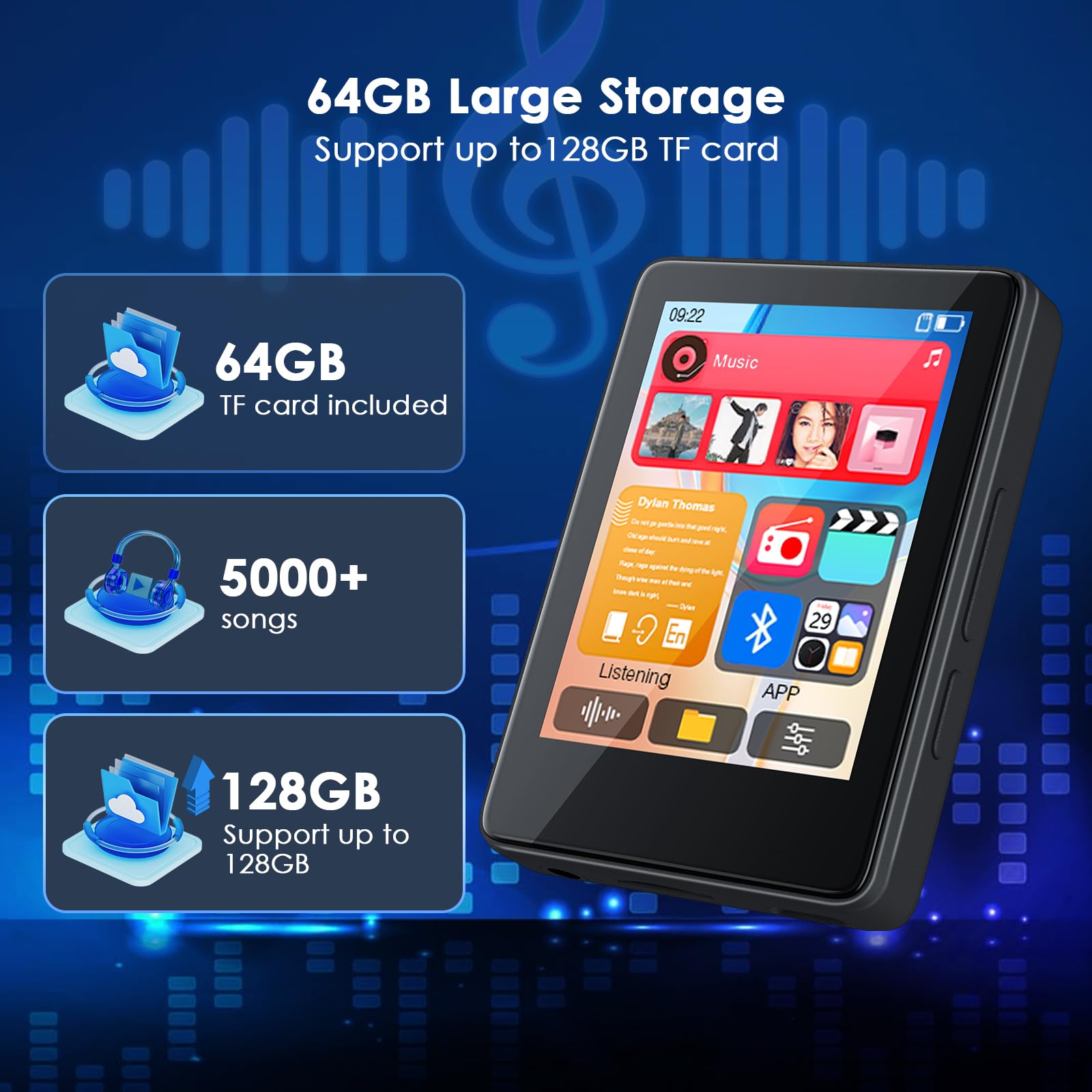 64GB MP3 Player with Bluetooth, Music Player with Built-in HD Speaker, MP3 Player for Kids, FM Radio, Voice Recorder, HiFi Sound, E-Book Function, Earphones Included