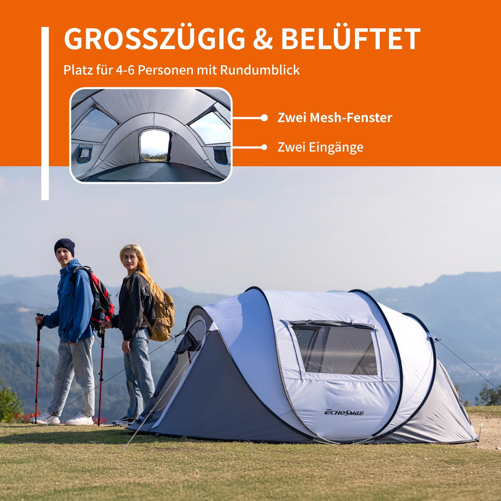 EchoSmile Pop up Zelt 4-8 Personen, Wurfzelt Wasserdicht mit 2 Belüftungsfenstern, Familienzelt & Campingzelt für Picknick, Wandern und Outdoor Aktivitäten