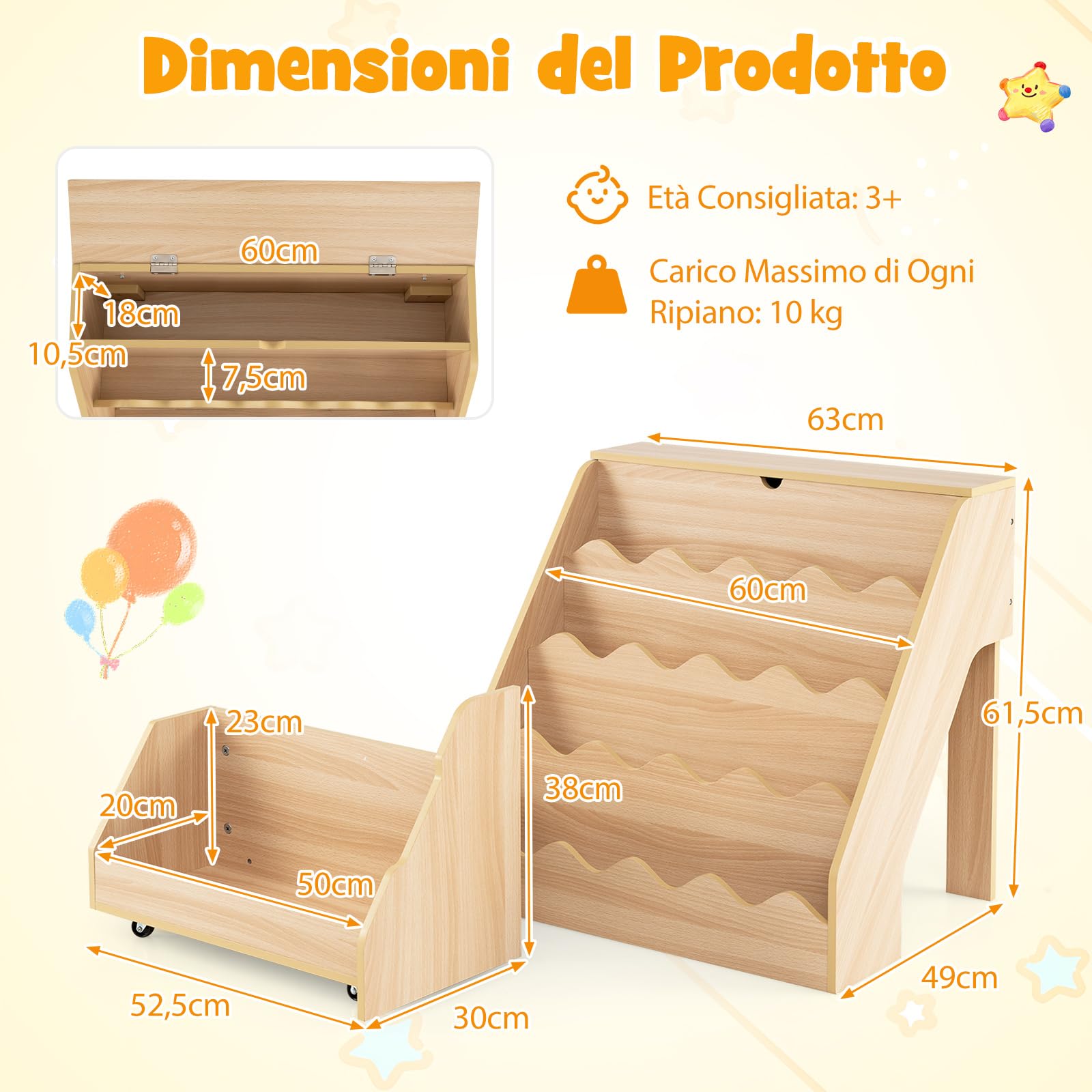 COSTWAY Libreria Montessoriana per Bambini 2in1, Scaffale per Libri a 4 Livelli con Carrello Portagiochi, Vano con Coperchio Ribaltabile, per Cameretta e Stanza dei Giochi, 63x49x61,5 cm (Naturale)