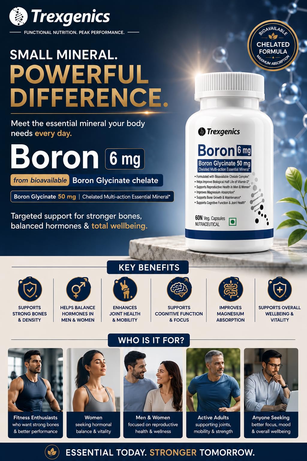 Trexgenics Boron 6 mg from Boron Glycinate 50 mg Multi-action Mineral, Bone, Cognitive Function & Joint Health (60 Veg Capsules) 3