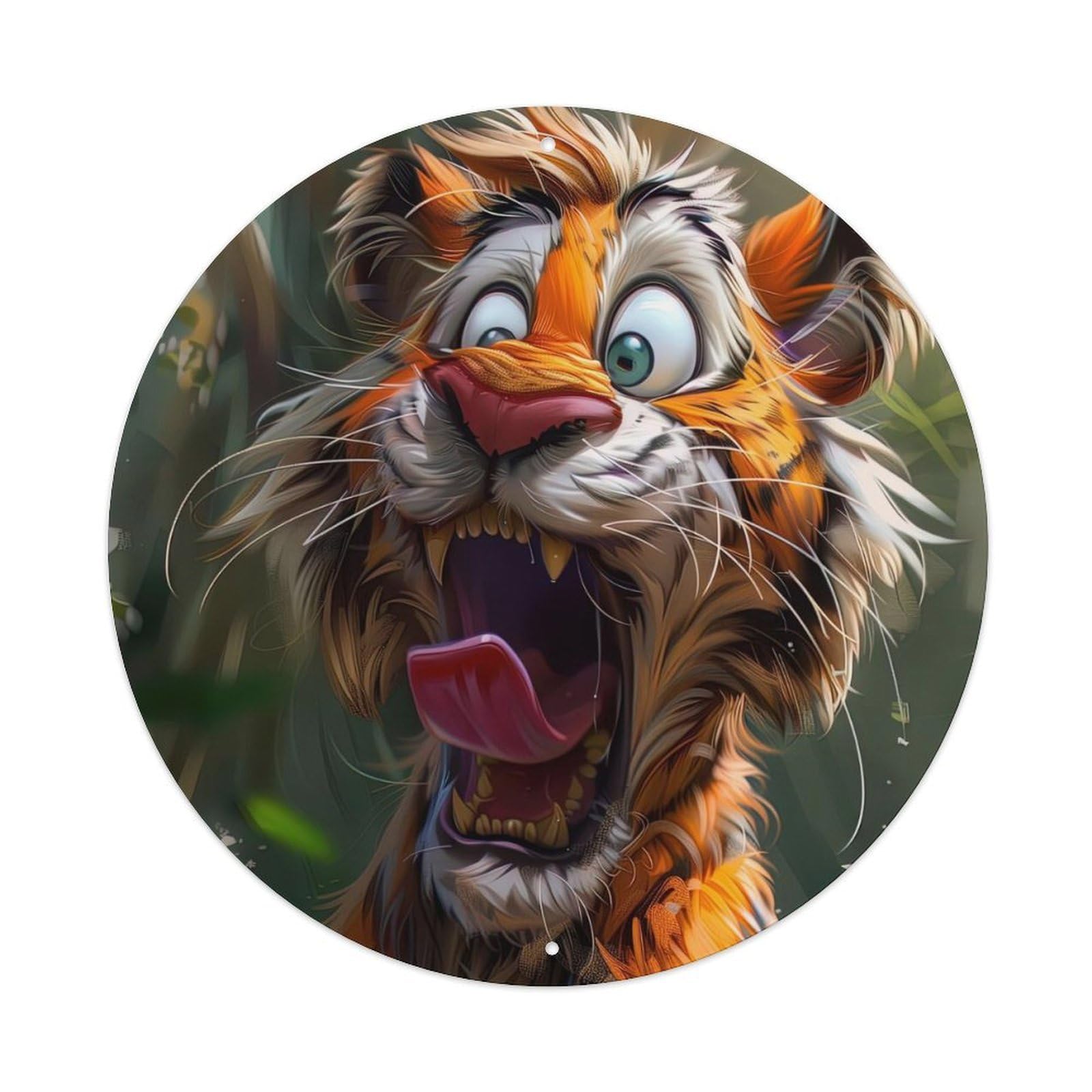 Animal Poster of A Surprised Tiger Vintage Metal Tin Sign Plaque Wall Decor for Cafe, Club, Garden Round Metal Poster 8x8Inch
