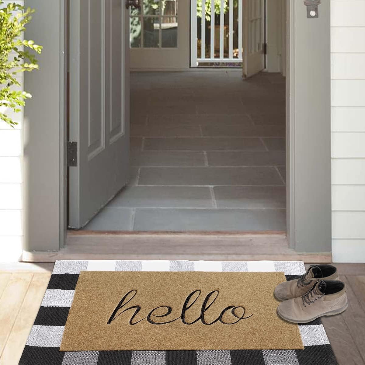 LAN SHAN QUE Doormat Combo Set Brown Hello Mat Outdoor Indoor with Non Slip Rubber Backing+Buffalo Plaid Rug 24”x36” Black and White for Layered Decorative Easy Clean Front Door Welcome Mat
