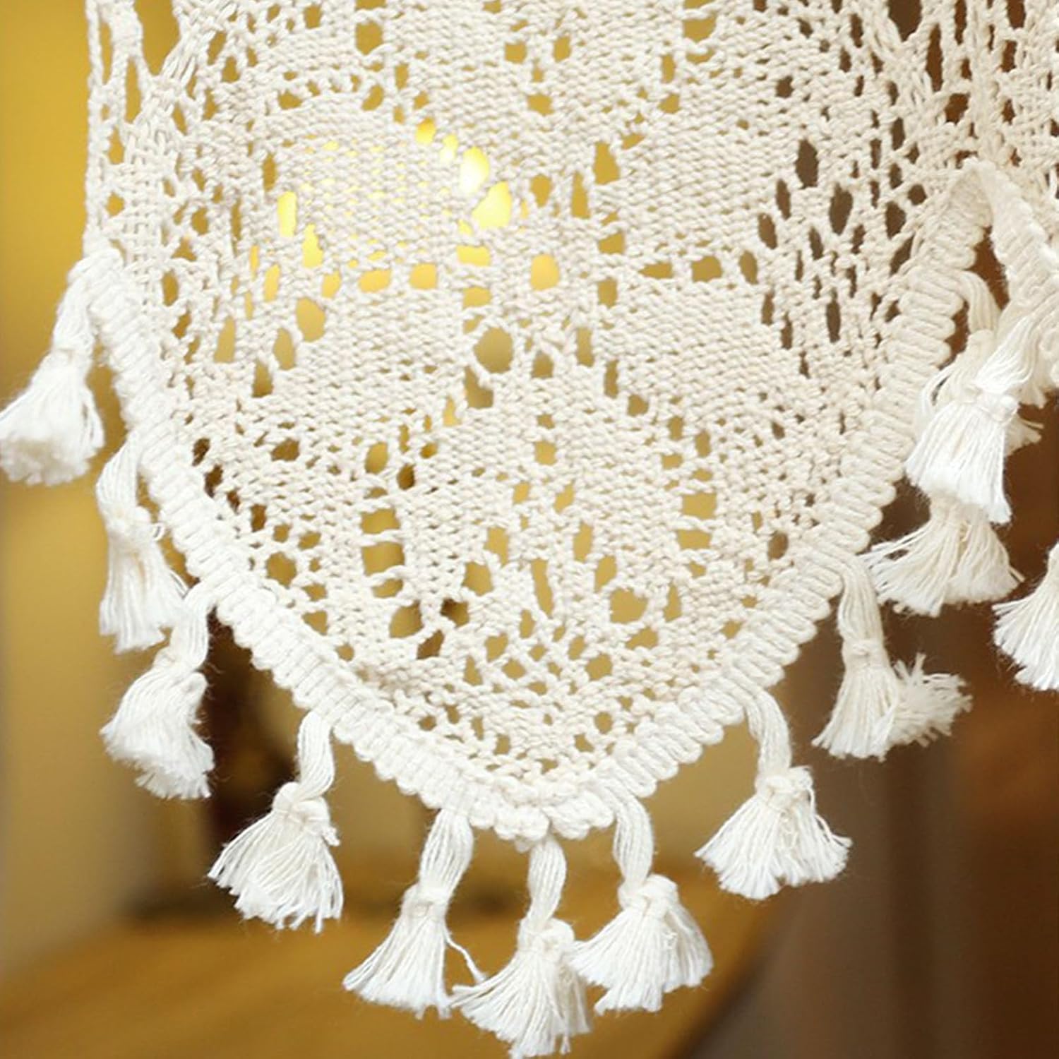 Boho Crochet Curtain Valance for Kitchen Window Retro Rustic Cotton Lace Sheer Short Curtains Vintage Country Rod Pocket with Tassels for Bedroom Cafe Decor,1 Panel 35"×16"