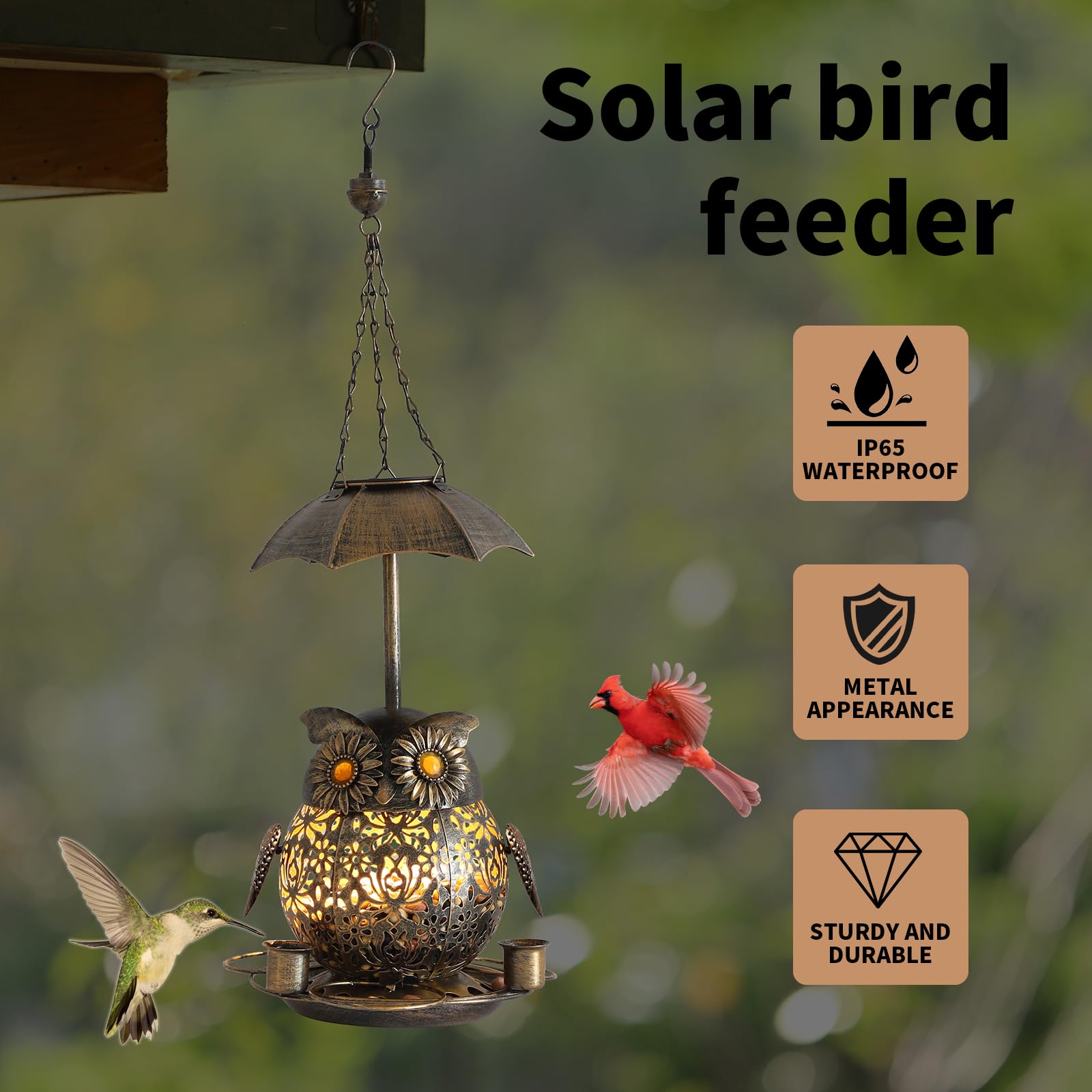 Comedero colgante para pájaros al aire libre. Comedero para pájaros a prueba de ardillas al aire libre. Comedero para pájaros con luz solar para exteriores con 3 tazas de agua. Jardín, patio trasero