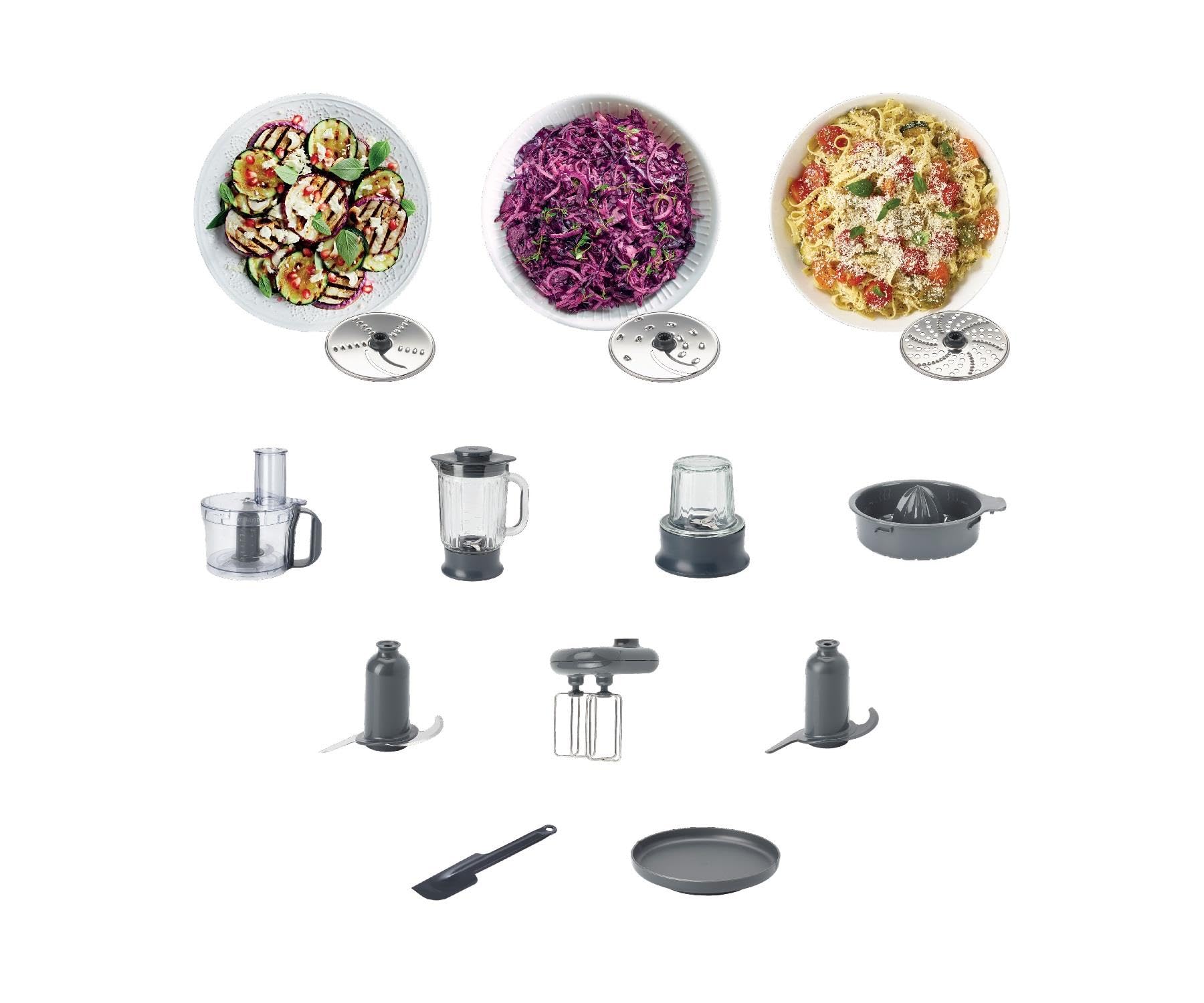 Kenwood Multipro Compact Procesador Robot de Cocina, Bol de 1,2L, Batidora de Vaso de 1,2L, Gancho para Amasar, Varillas, Discos para Cortar y Rallar, Molinillo de Especias, 800 W, FDM313S, Plata