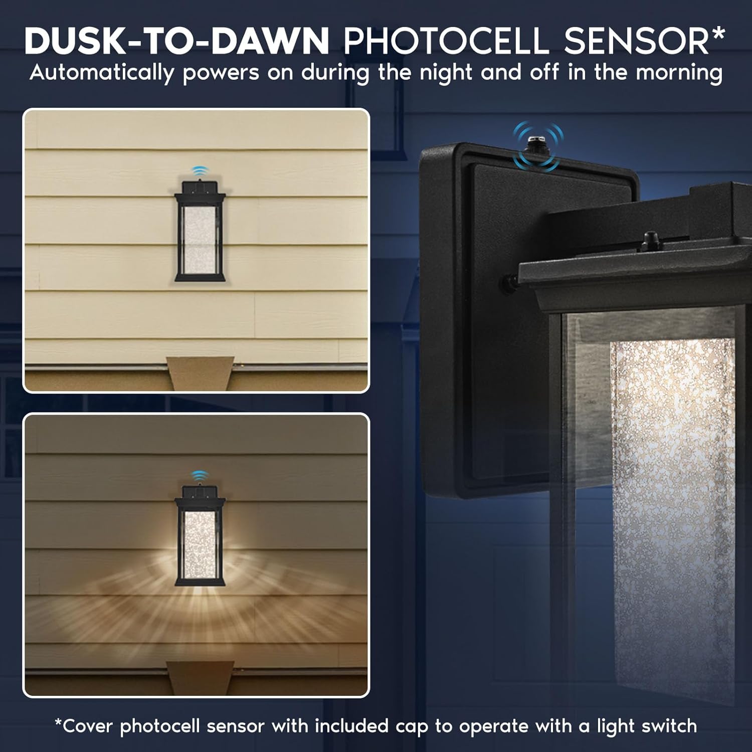 Luxrite Dusk to Dawn LED Outdoor Wall Lantern, Seeded Bubble Glass, 3CCT 3000K 4000K 5000K, IP54 Waterproof, 12W, 1200LM, Black Aluminum, ETL, Exterior Wall Light for Porch, Front Door, Patio