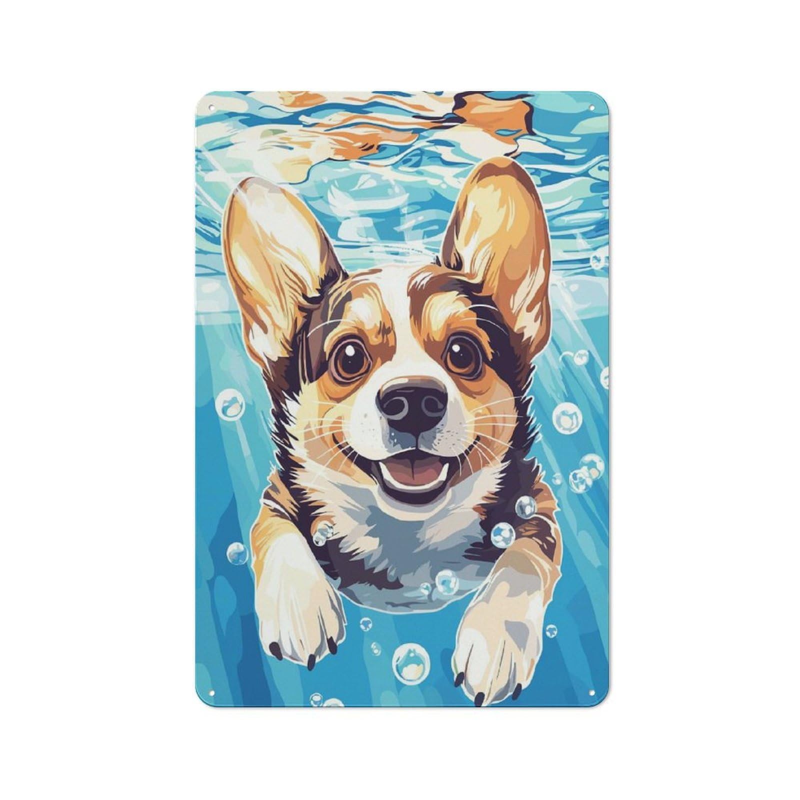 Junmoney Style Corgi Swimming Underwater Printed Metal Sign 30X20cm For Man Cave Or Games Room, Suited To Games Room Collectors