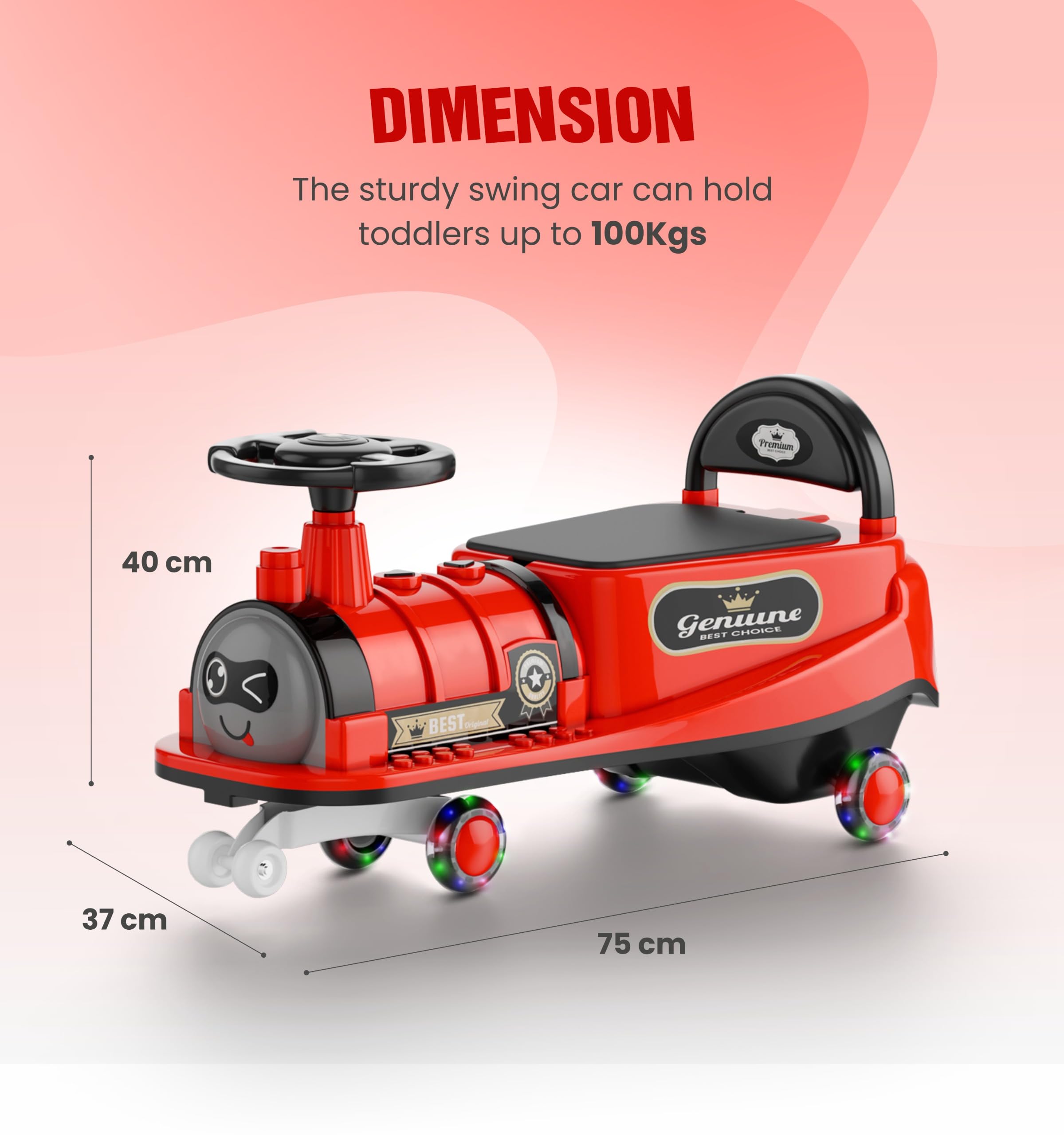 kidsROAR Panda Car for Kids Train Shape - Push Car Magic Swing Fun Musical Rider with Lighting Silicone Wheels, Music, and Lights - Perfect for Ages 1 to 5 Years & Up | 100kg Capacity 8188(RED) - Image 7 thumbnail