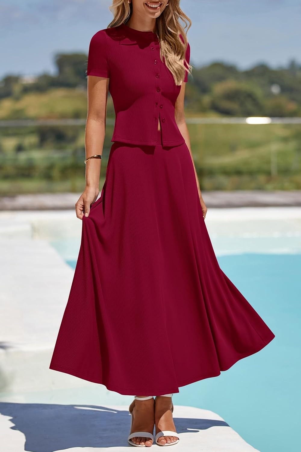 PRETTYGARDEN Women's 2 Piece Skirt Sets Summer Short Sleeve Button Up Knit Crop Top Flowy Maxi Skirts Travel Vacation Outfits - Image 2