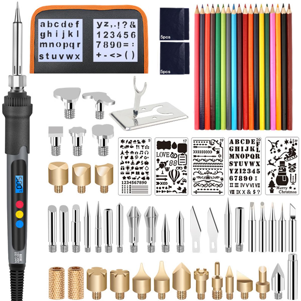 Serplex® Wood Burning Kit, 75 Pieces Professional Wood Burning Tool with Adjustable Temperature 180~500°C, Wood Burner Pen Kit with Various Bits & Templates, Color Pen, for Embossing Carving Soldering