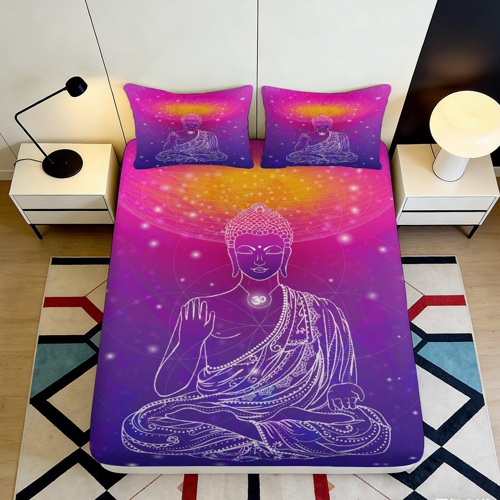 Pnayamiorkfel Style-5 3D Printed Buddha Mandala Fitted Sheet Microfiber Purple Gradient Lotus Bed Cover For Bedroom Guest Room Mattress Decor 90X200x25cm