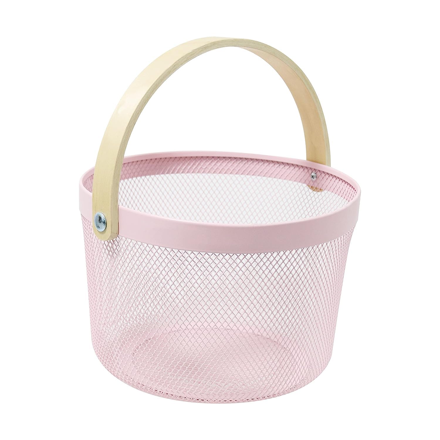 JIALTO Mesh Steel Basket with Wooden Handle | kitchen storage rack for Egg, Berry Fruit Basket | Garden Harvest Basket | Kitchen Bathroom Pantry Picnic Organizer 25 x 20 x 18 CM (ROUND, PINK)